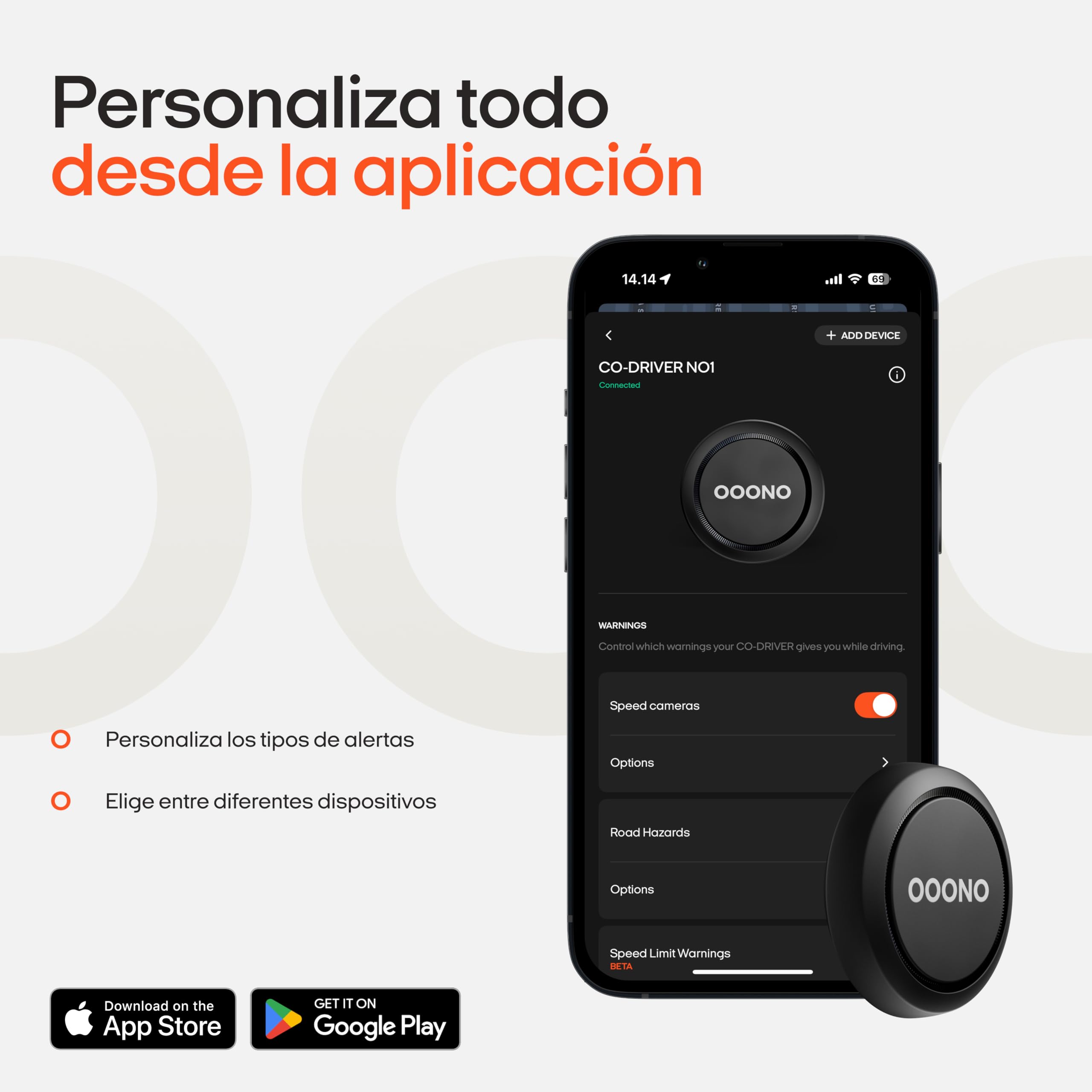 OOONO Co-Driver 1 – Alertas de Peligro en Tiempo Real, Sin Suscripción, Batería Litio 3V, Compatible con Apple CarPlay y Android Auto