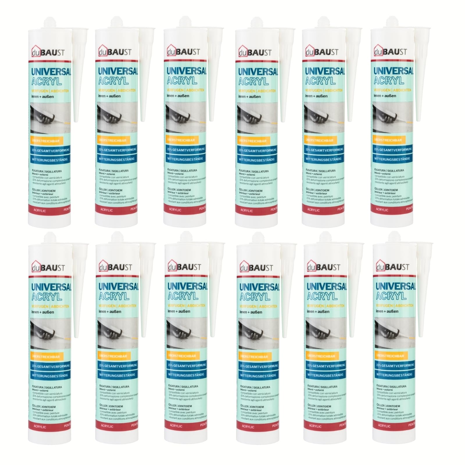 MAC24 Maleracryl Universalacryl Acryl weiß Dichtstoff für Innen + Aussen überstreichbar witterungsbeständig 310ml Kartusche (12)