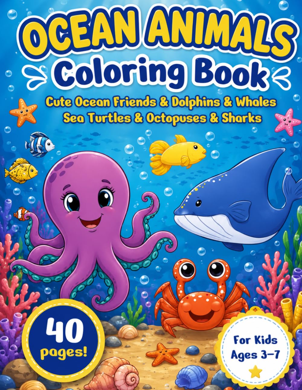 Ocean Animals Coloring Book for Kids Ages 3–7: Cute and Easy Sea Creature Coloring Pages for Toddlers, Preschoolers and Early Learners: Meet Adorable ... Octopuses, Sharks, Seahorses and More