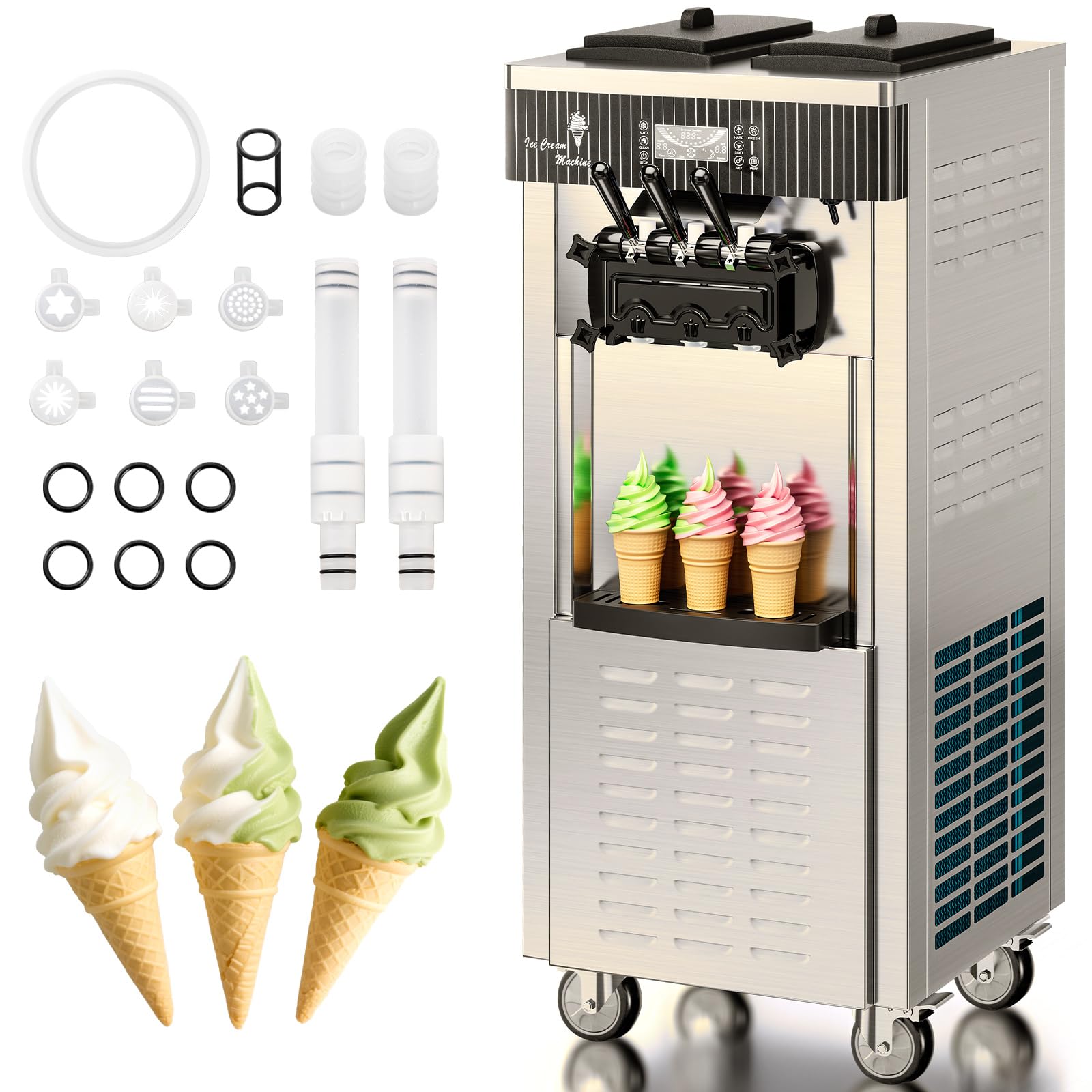 Gelatiera Professionale Soft Serve con compressore autorefrigerante, Con funzione di conservazione, Preparazione in 15min, 2200W, autoportante, Acciaio Inox, 6L x 2