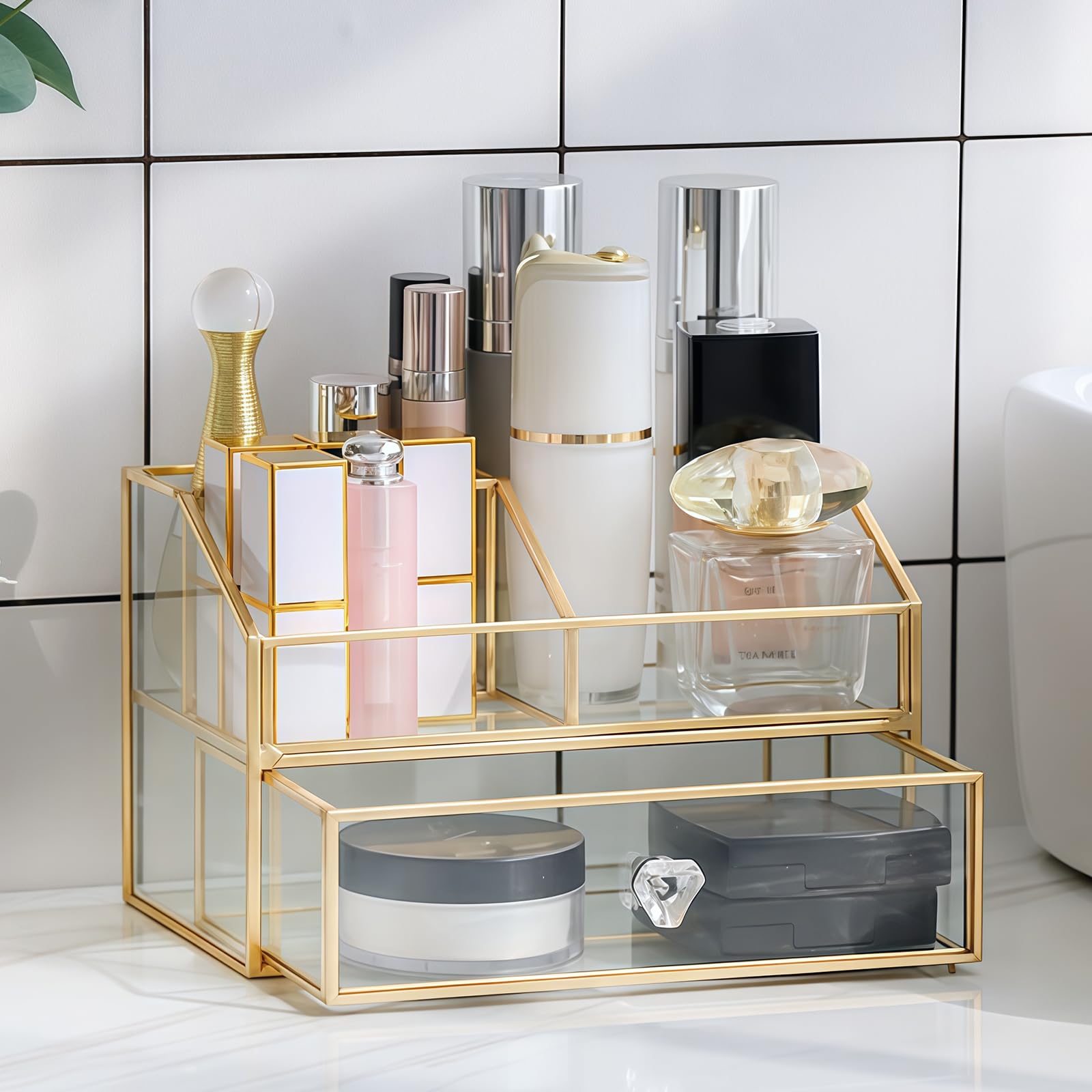HARLIANGXY Porta Trucchi Organizer con Cassetti, Organizzatore di Trucco Trasparente, Contenitore per Cosmetici di Alta Qualità, Make up Organizer, Portaoggetti per Toeletta Oro