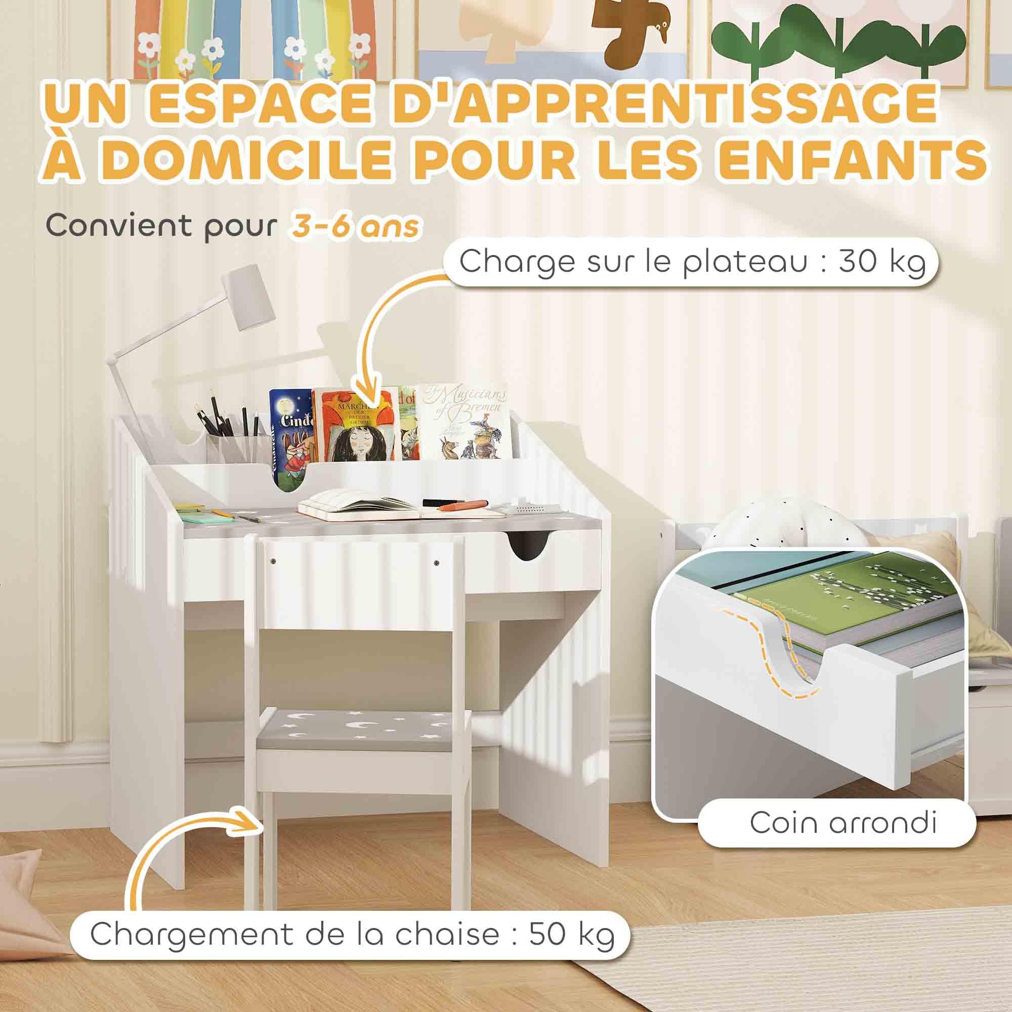 AIYAPLAY Bureau et Chaise pour Enfant 3-6 Ans avec Tiroir Coulissant, Gris