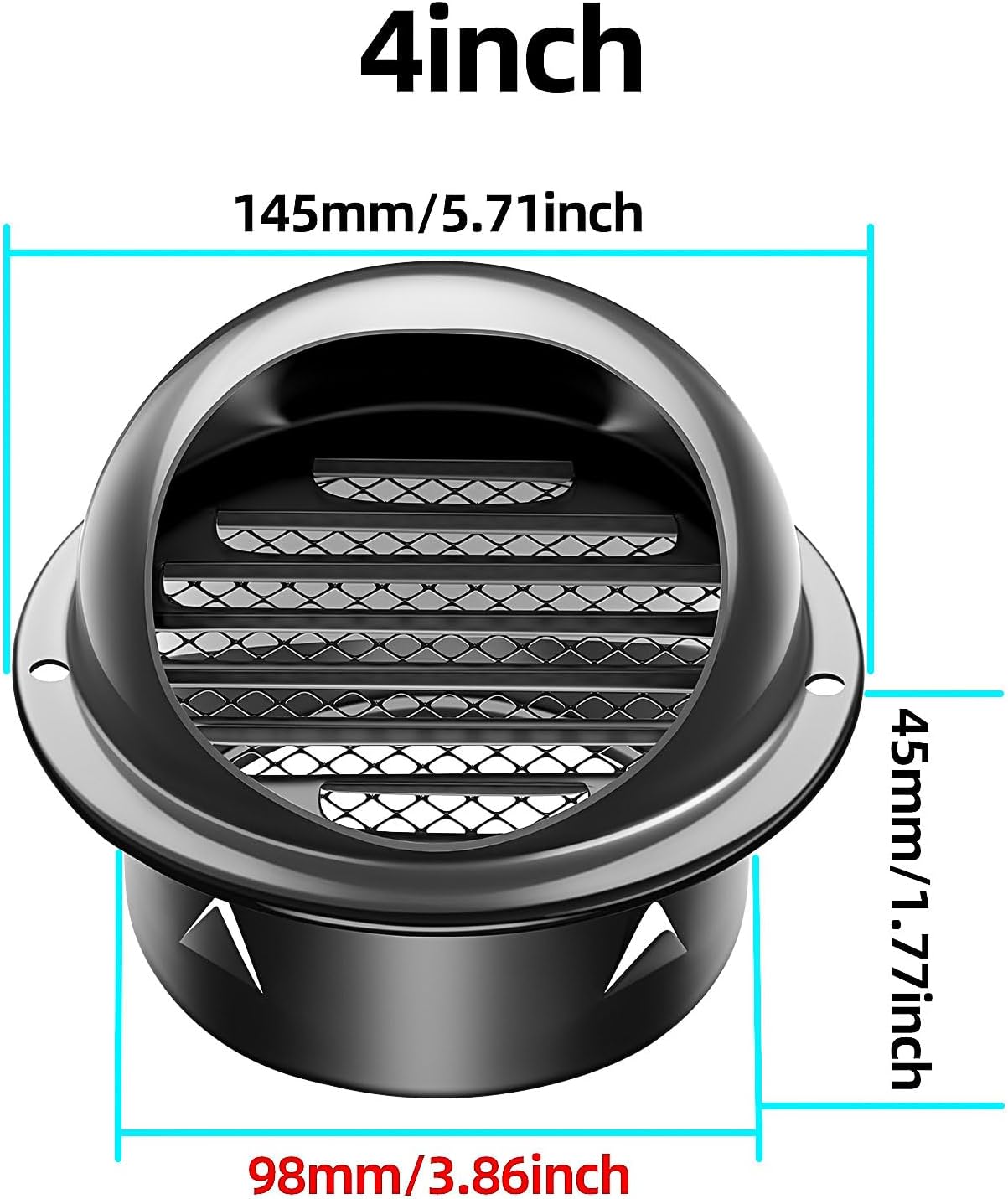 4 Pack-4 inch Stainless Steel Round Wall Vents, Hemispherical Grille Ventilation Cover External Extractor for Outdoor Black Baked Paint proces (4)