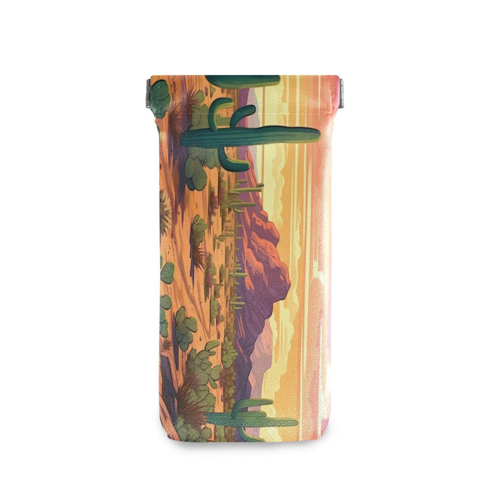 FLildon Desert Cactus Eyeglasses Pouch Squeeze Top Sunglasses Case Soft PU Leather Eyeglass Bag for Men Women