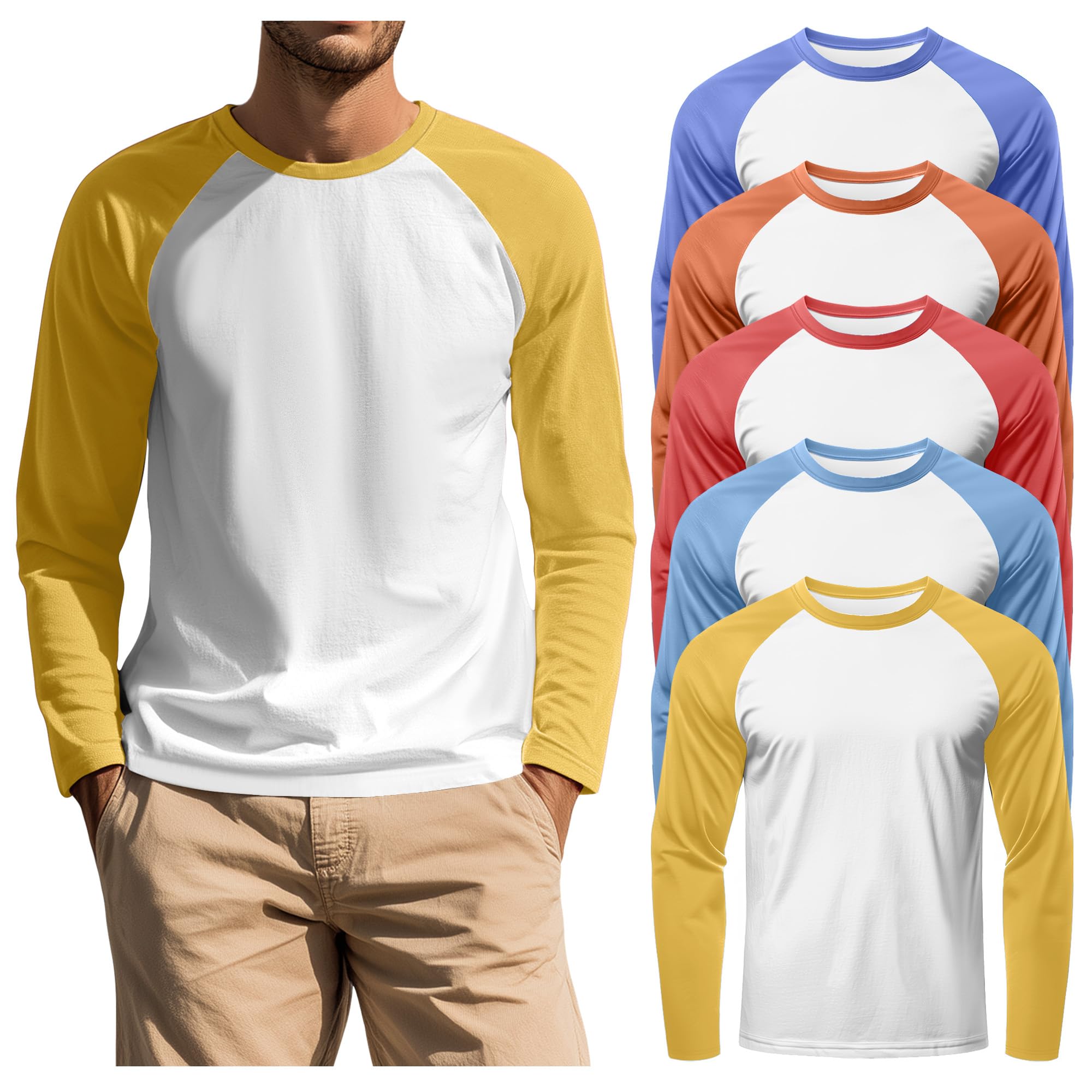5 Pack Mens Long Sleeve T Shirts Crew Neck Baseball Tops Raglan Athletic Casual Tees
