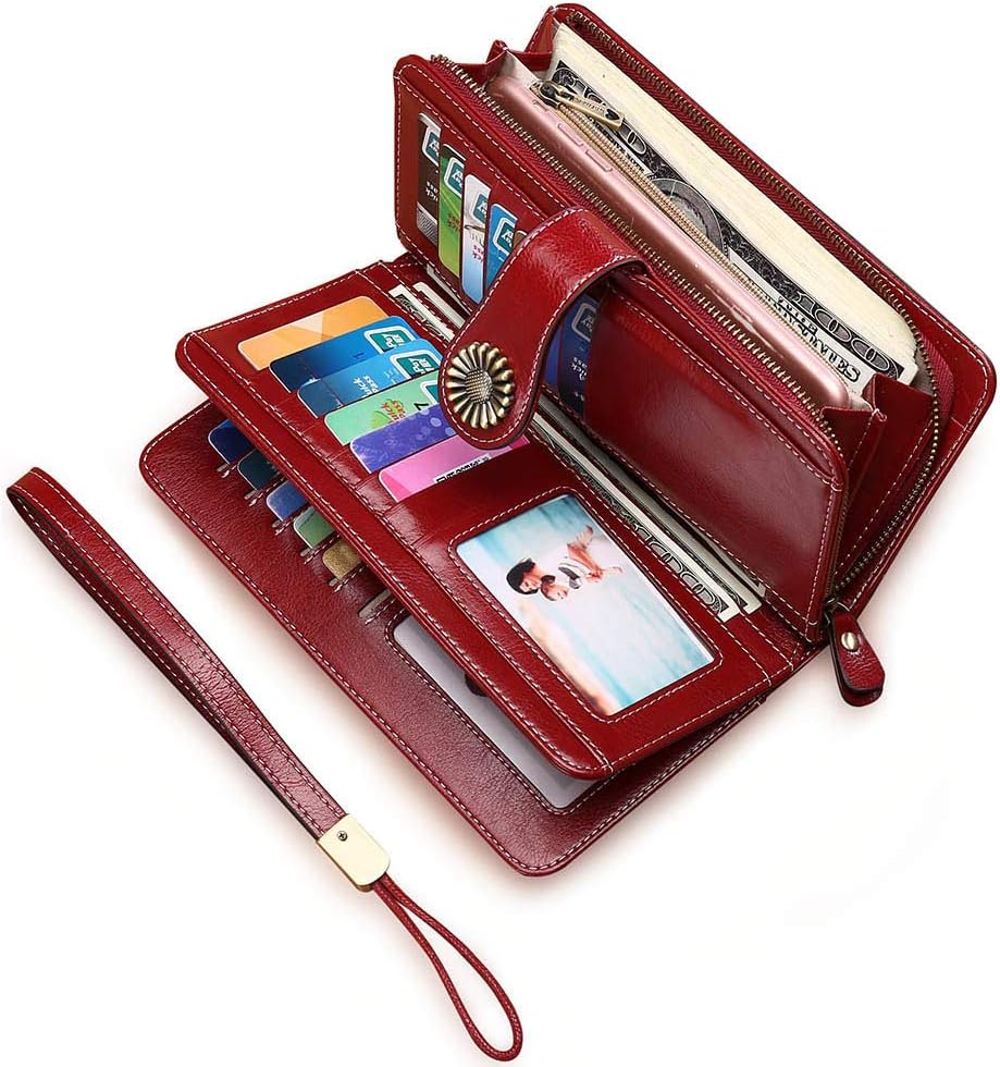 Women RFID Blocking Wallet, Large Capacity Leather Card Wallet with Removable Wristlet Strap