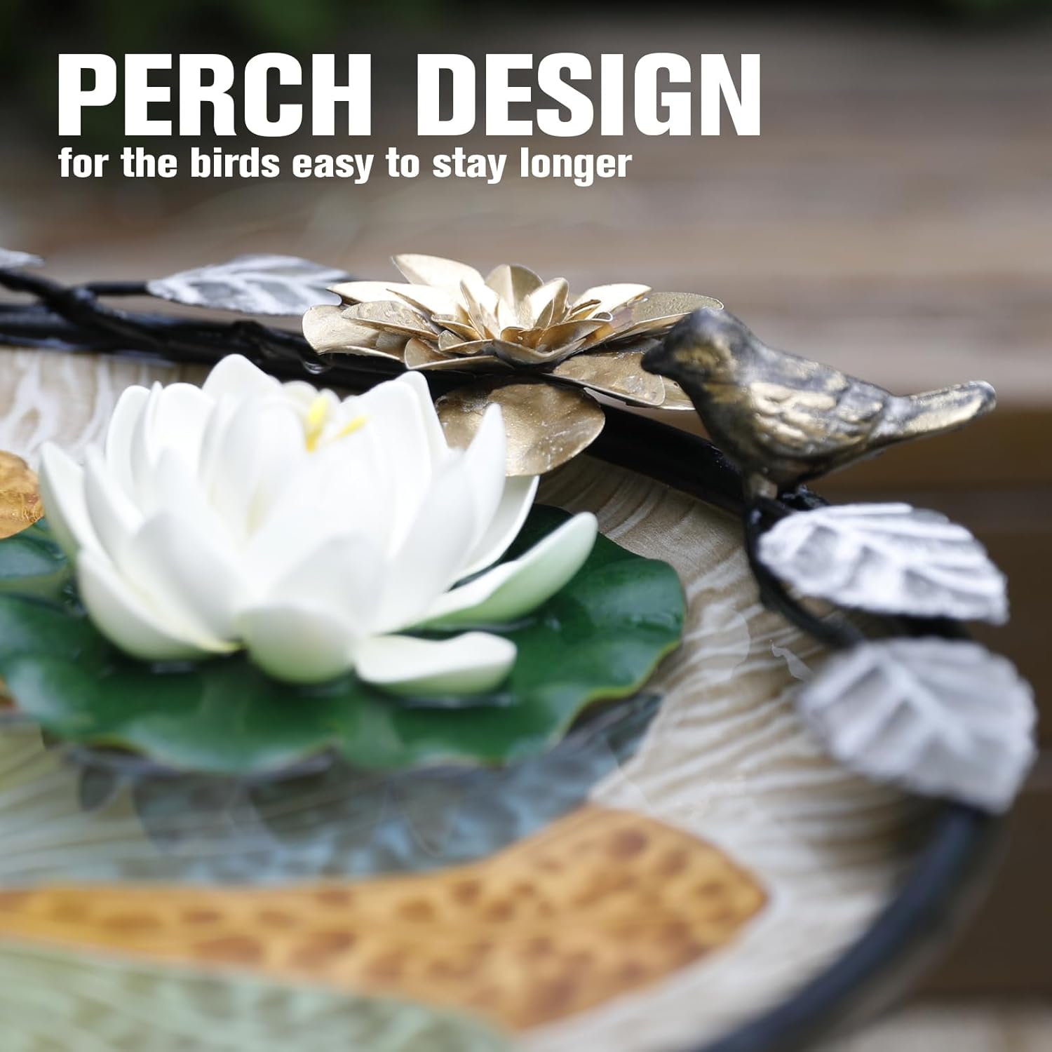 Solution4Patio 17.7" Metal Bird Bath for Outdoors with Flower Perch, Weather-Resistant Heavy-Duty Steel, Stable 25.6" Tripod Base & Textured Petal Bowl, Easy-Clean Garden Décor