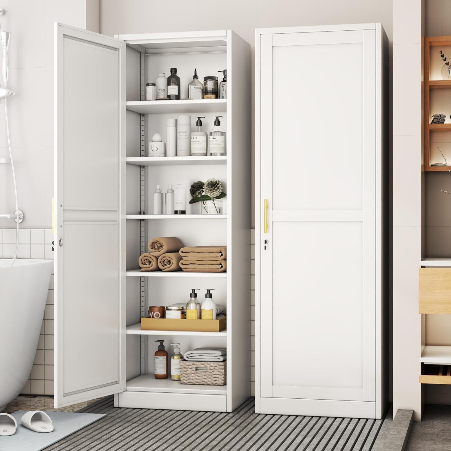 Tall Metal Narrow Bathroom Storage Locker Cabinet 67" H, Tall White Pantry Cabinets with 5 Adjustable Shelves and Lockable Doors for Kitchen, Home Office, Living Room, Dining Room