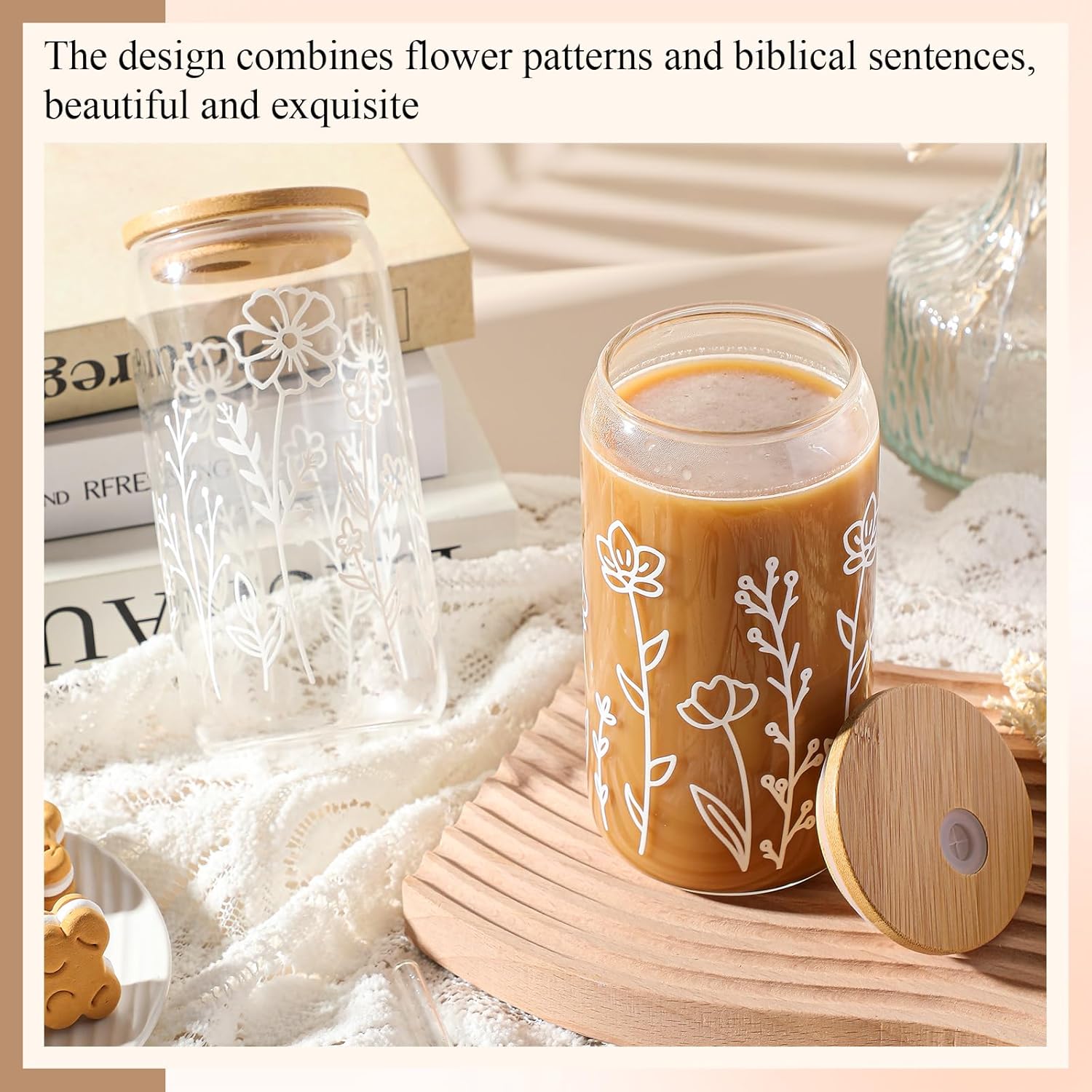 Mumufy Gift for Women Cute Glass Cup Tumbler Flower Iced Coffee Mugs 16 oz Glass with Bamboo Lid & Straw, Mothers Day Birthday Gift for Mom Sister Bridesmaid Baby Shower(2 Pack,Boho Floral) - Image 5