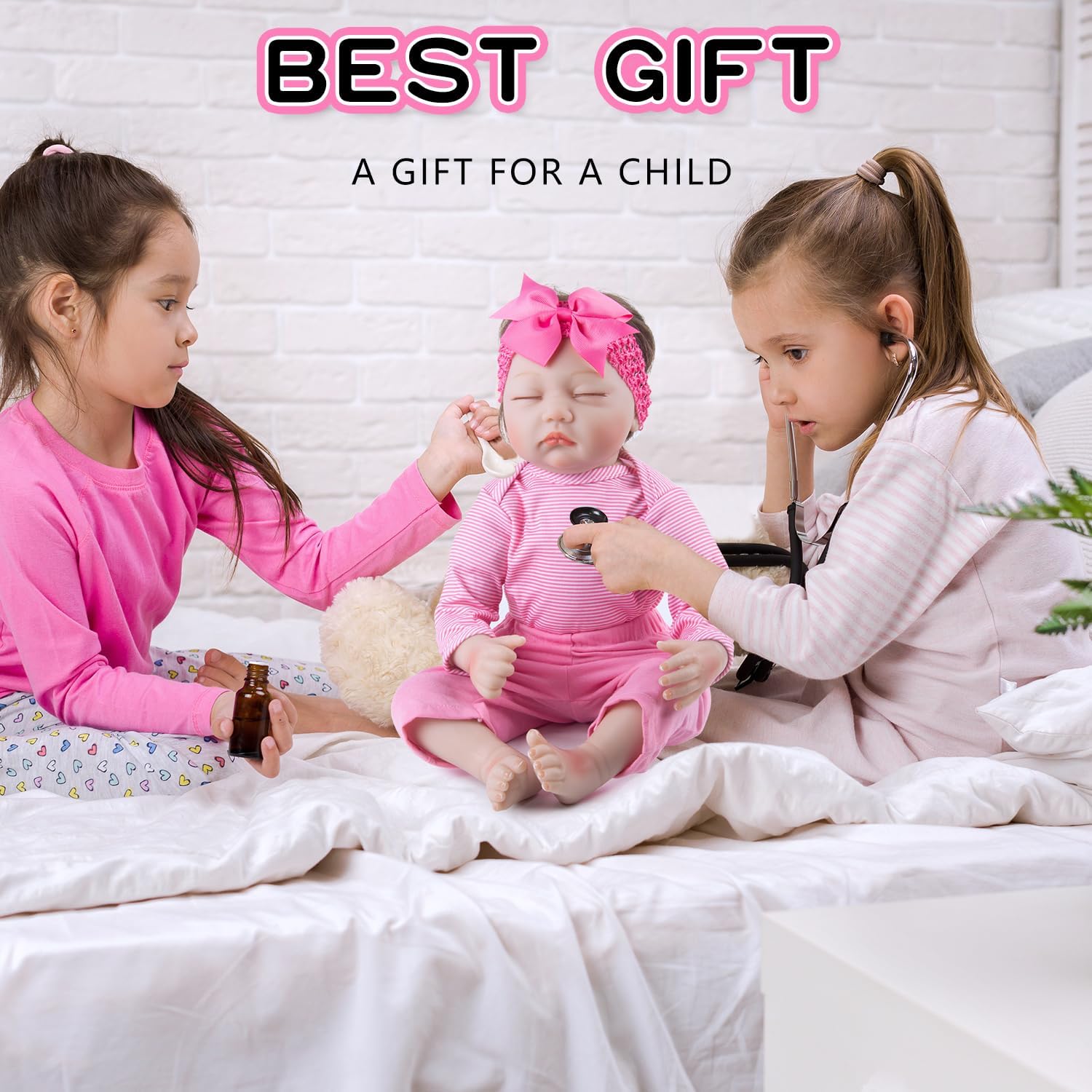 Pedolltree 8 Pcs Reborn Baby Dolls Clothes Girl Pink Striped Outfit Accessories with Pink Lace-Trimmed Bassinet for 17-20 Inch Reborn Dolls Newborn Baby Girl