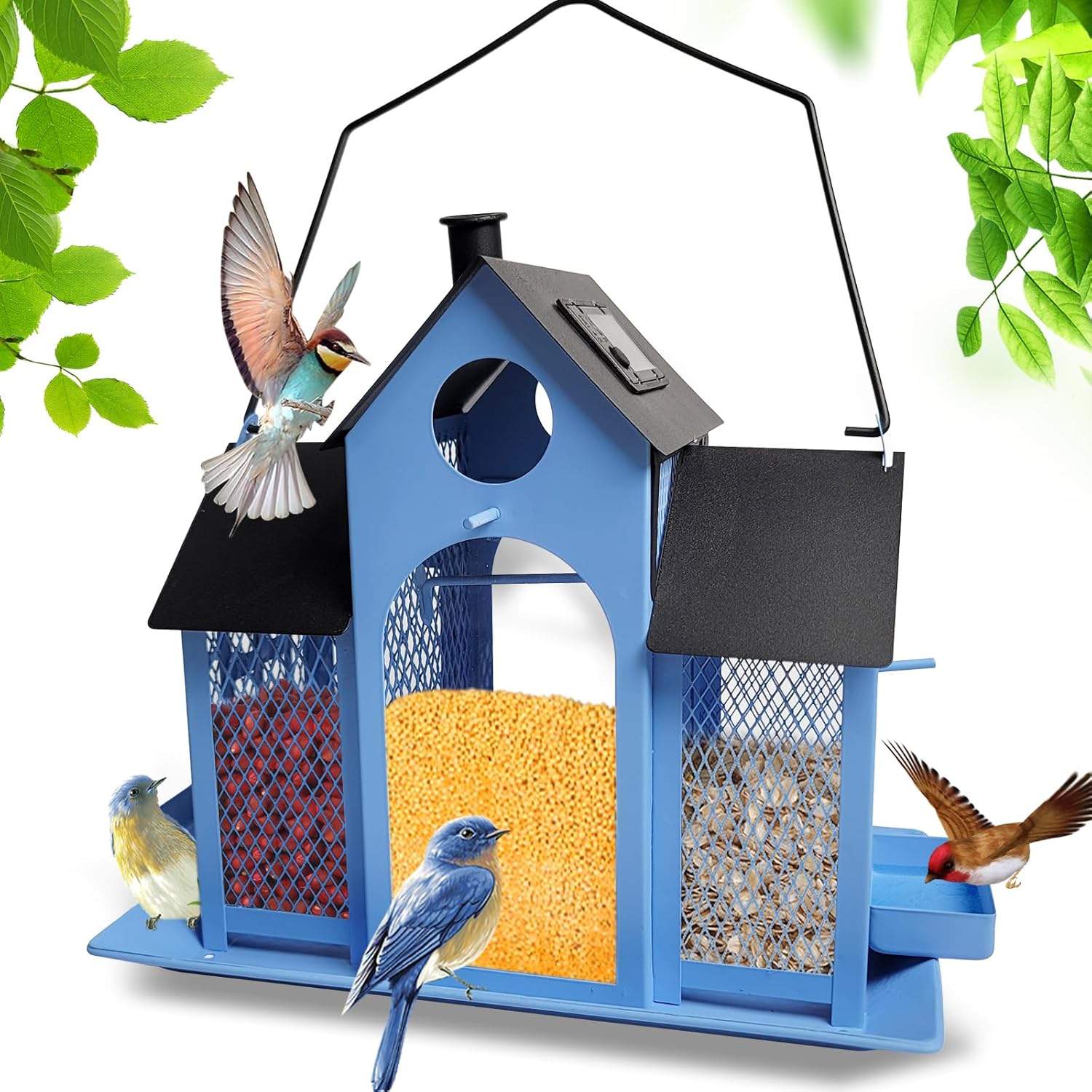 Solar Bird Feeder House for Outside Hanging, Large Capacity Birdhouse Bird Feeders Hanging for Outdoors, Metal Mesh Wild Birdfeeder for Finch Cardinal (Red and Black)