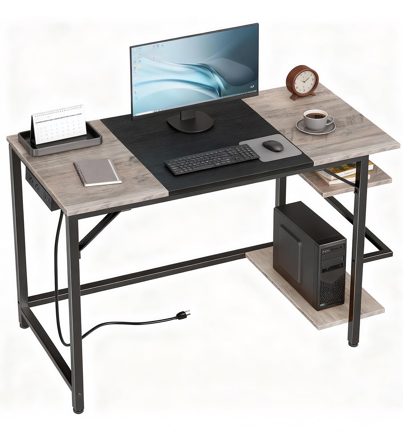 HOOBRO Small Computer Desk, 35.4 Inch Home Office Desk with Power Outlet, Writing Desk with 2 Shelves