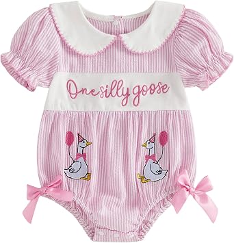 Toddler Baby Girl Romper Smocked One Silly Goose Birthday Outfit | Goose Doll Collar Stripes,Summer Smash Cake Clothes,Silly Goose Outfit,1st Birthday Girl Outfit,Silly Goose Baby Outfit
