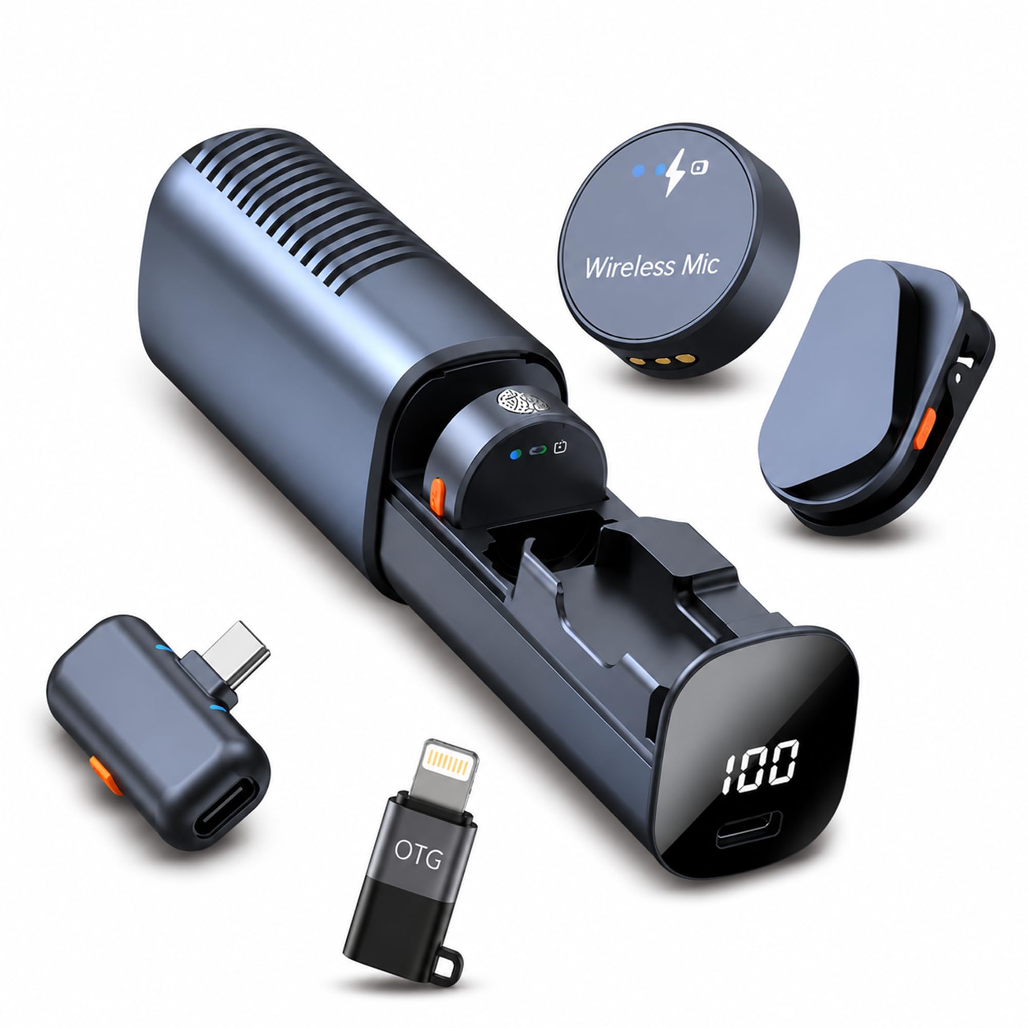 Microfono lavalier wireless, USB-C, a 2 canali, microfono a clip con custodia di ricarica, portata 30 m, batteria 30H, cancellazione del rumore per registrazione iPhone Android