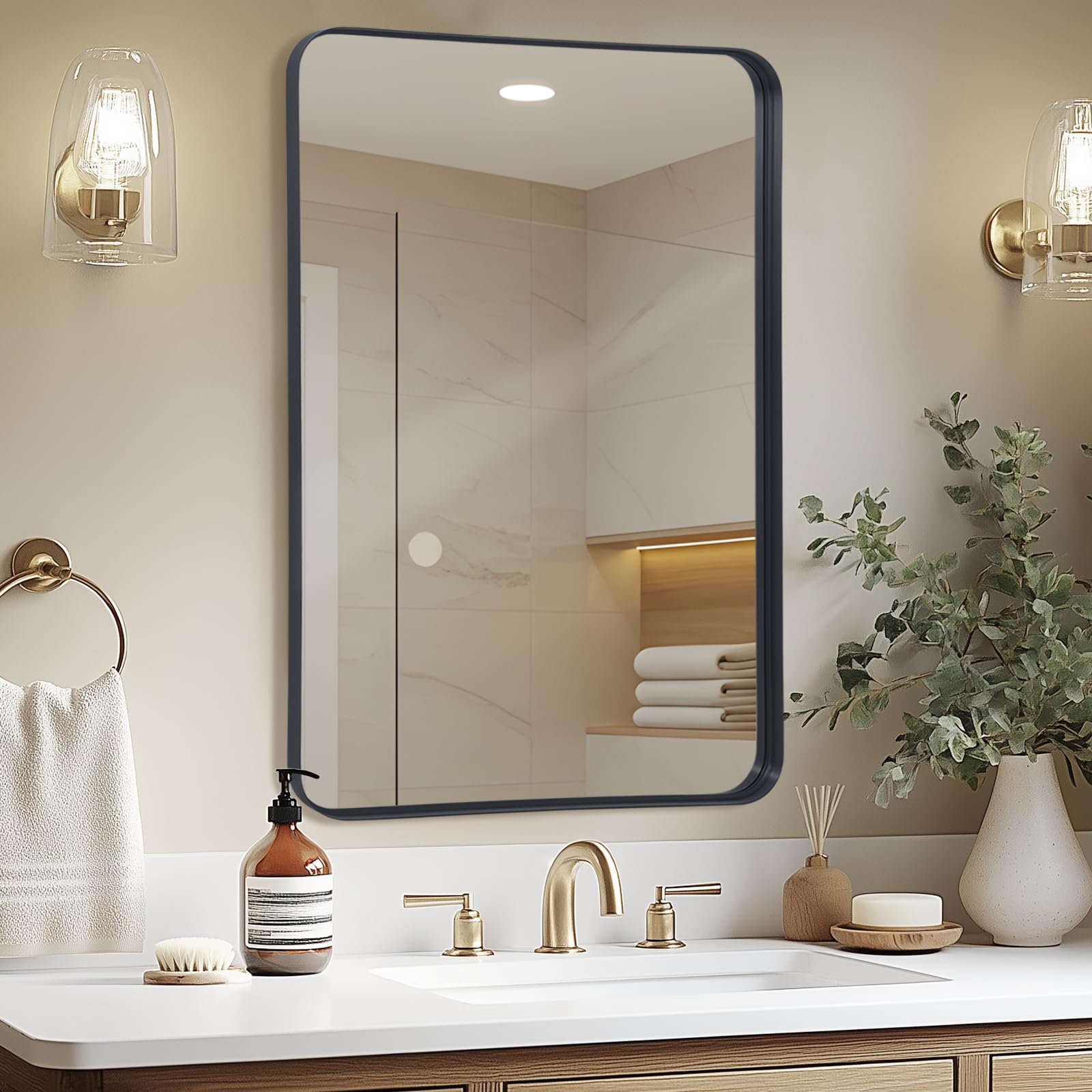 LunaMirror Wall Mirror 60x90 CM Wall-Mounted Bathroom Vanity Mirror Sadow Box Black Frame Home Decor Rectangle Wall Hanging with Curved Corners for Hallway Entrance Living Room Bedroom