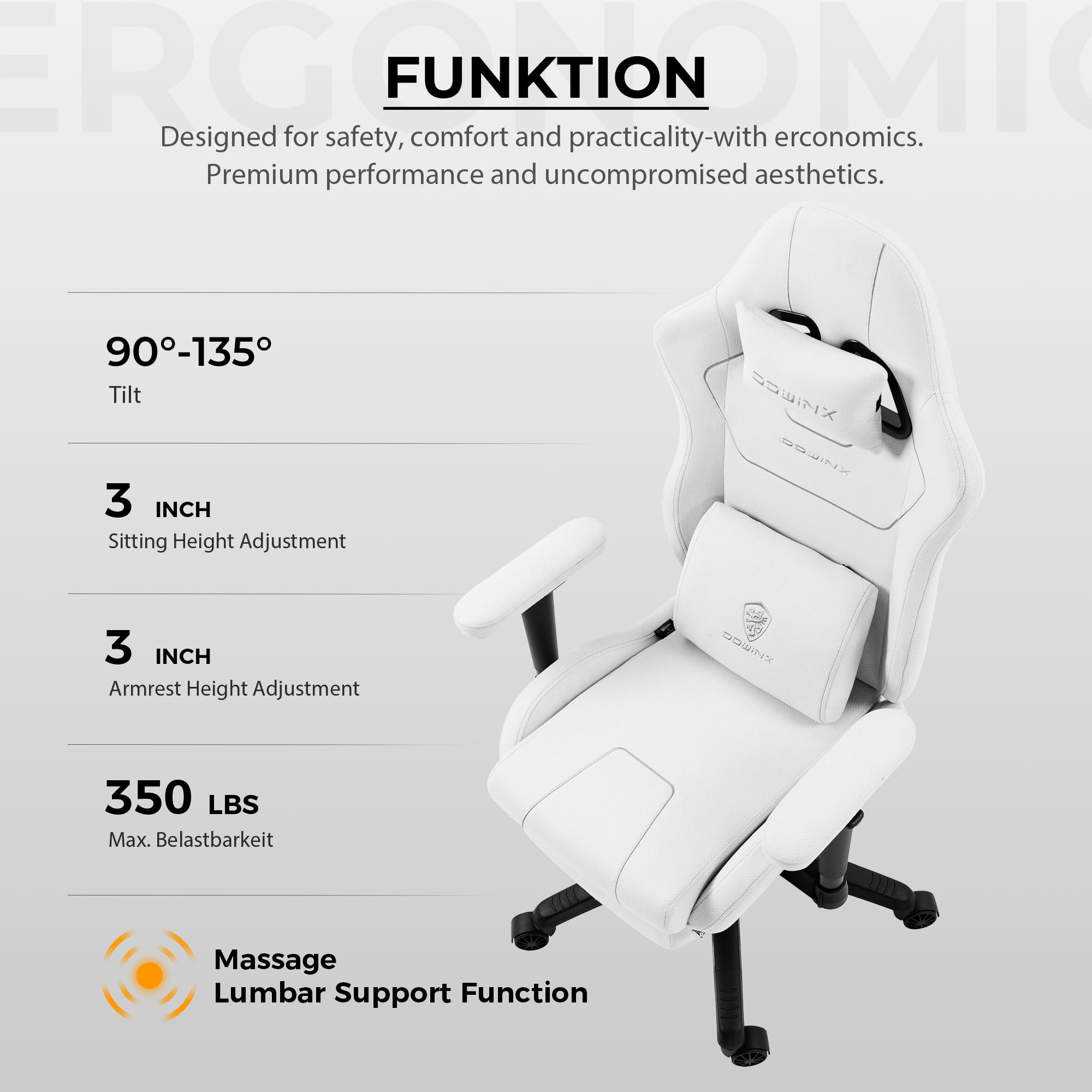 Dowinx Silla Gaming de Tela con cojín de muelles ensacados, sillón ergonómico para Gaming con función de Masaje, Silla de Oficina Grande y Alta con reposapiés XXL, Color Blanco