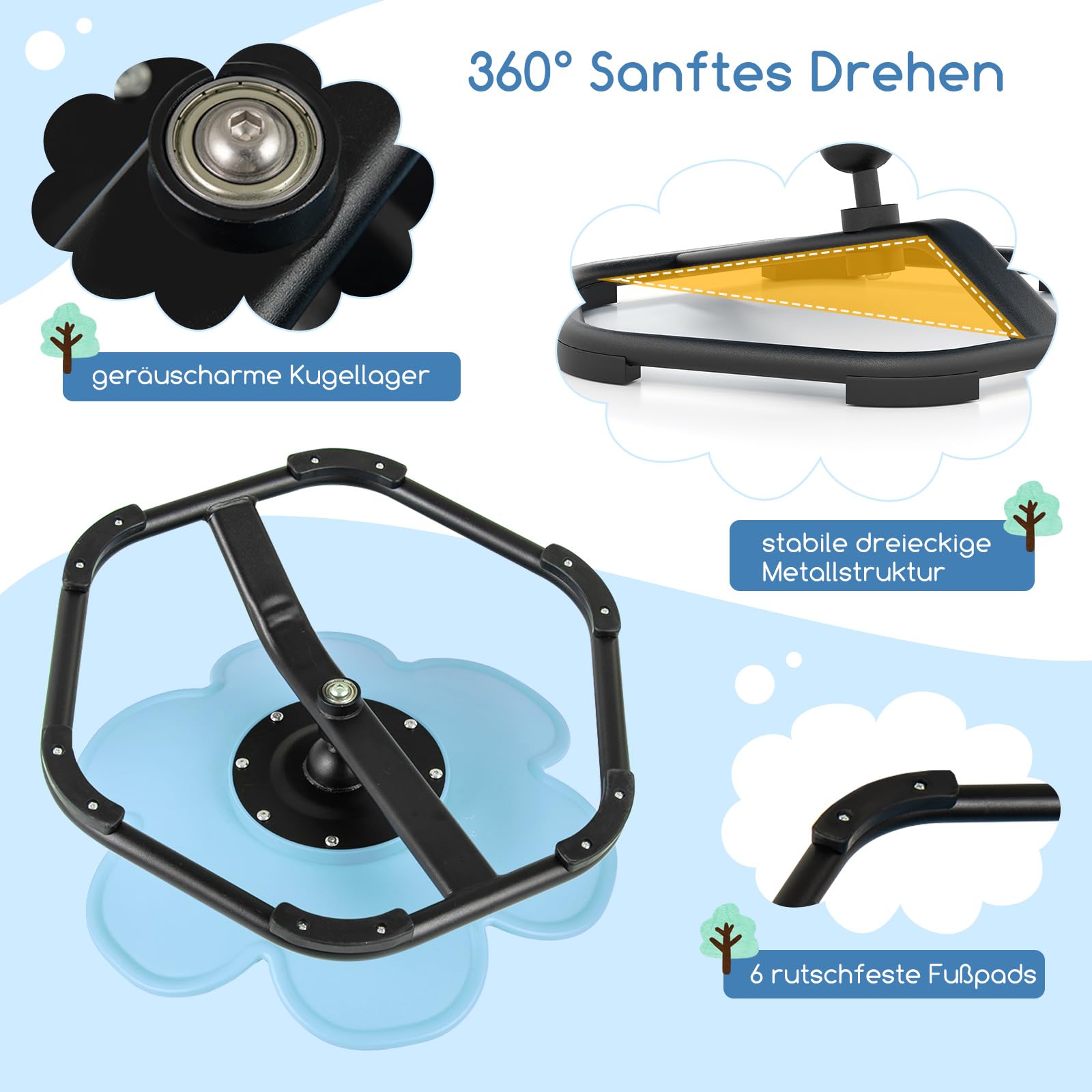 COSTWAY Sensorischer Drehstuhl Kinder, 360° Kinderdrehstuhl, Karussell Autismus Kinderstuhl mit Rutschfester Metallbasis, Karussellstuhl Indoor für Kleinkinder ab 3 Jahren (Blau,Blume)