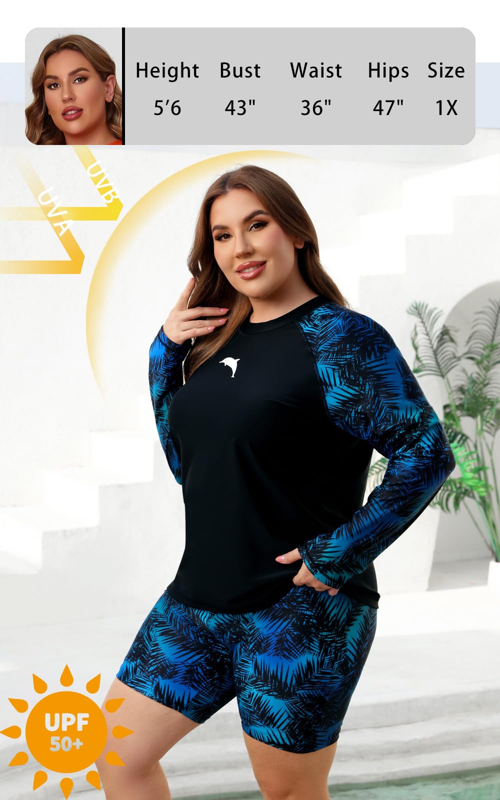 Halcurt Integrierter Damen-BH, langärmelig, Rashguard, Übergröße, 2-teiliges Badeanzug-Shirt und Shorts