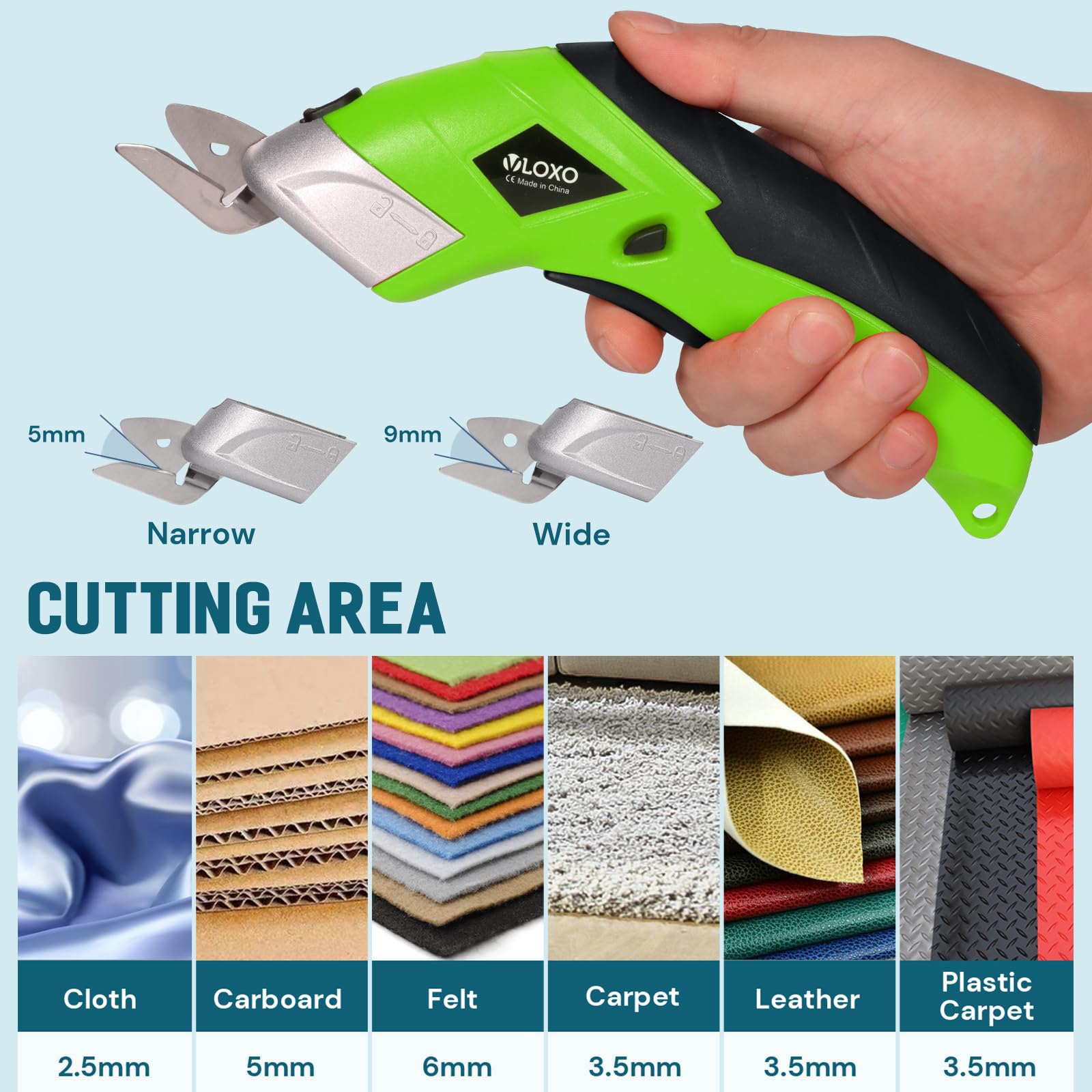 VLOXO Electric Scissors Wireless Cardboard Cutter Electric Fabric Scissors Box Cutter with 2 Blades Rechargeable Powerful Fabric Cutter for Crafts Leather Carboard Carpet Plastic Felt with Case-Green - Image 3
