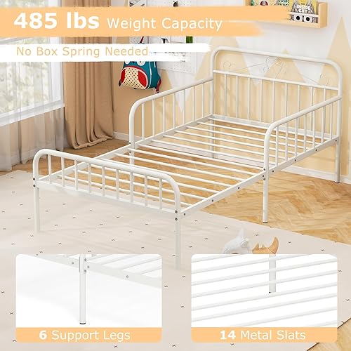 Miniatura 5 de Giantex Marco de cama de metal individual para niños, marco de cama de plataforma de metal resistente con cabecera y barandillas de seguridad, cama