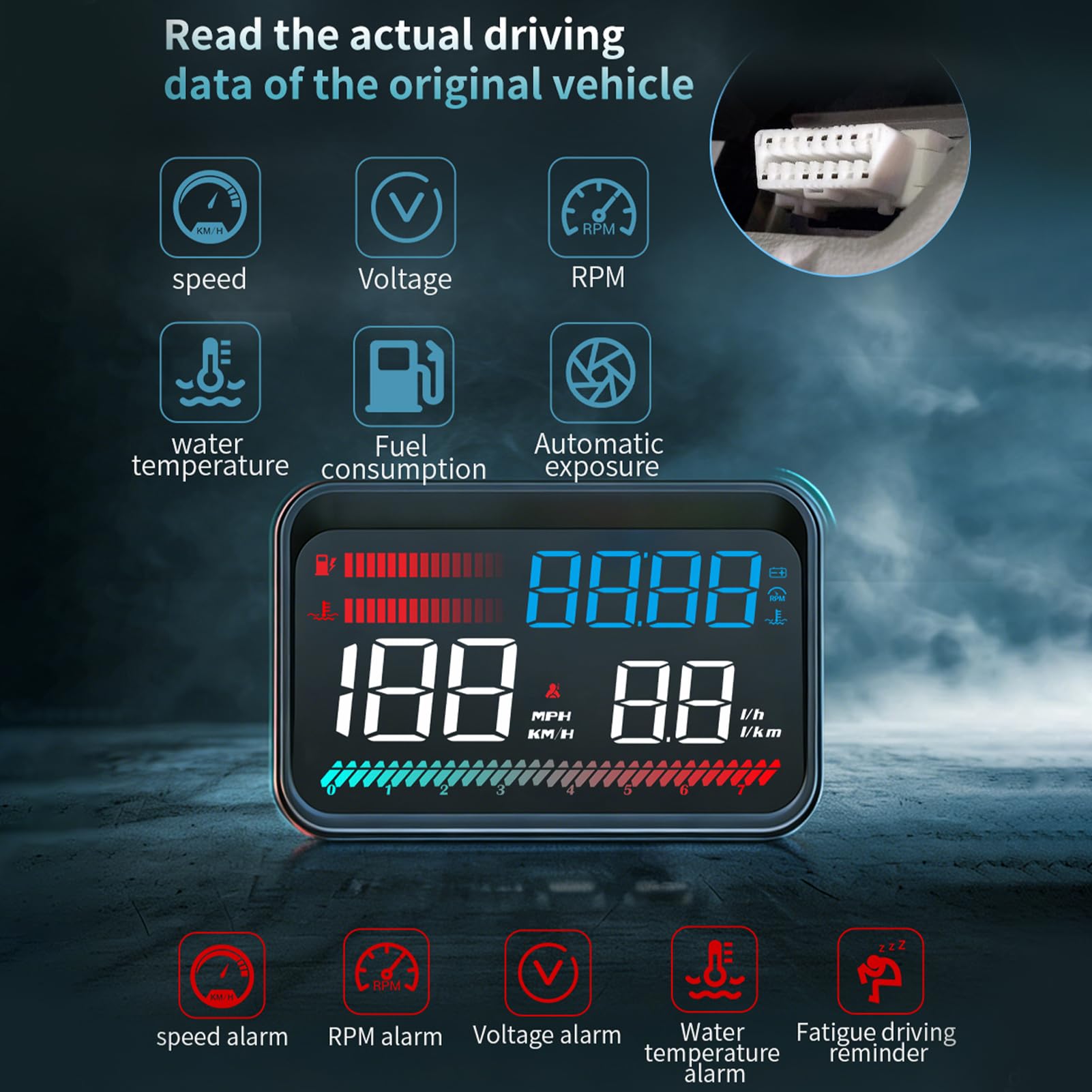 Yctze Wyświetlacz Head-up Universal Car 4,5-calowy Cyfrowy Prędkościomierz z Obrotami Napięcie Temperatura Wody Zużycie Paliwa Nadmierna prędkość Obrotowa Napięcie Temp. Wody Alarm