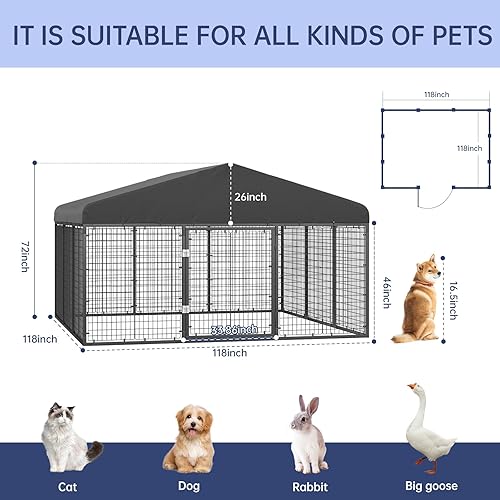 Miniatura 4 de Perrera para Perros de Exterior de 118" x 118" de Acero, Cerca Ideal para Perros MedianosPequeños, Jaula con Revestimiento Antioxidante con Techo