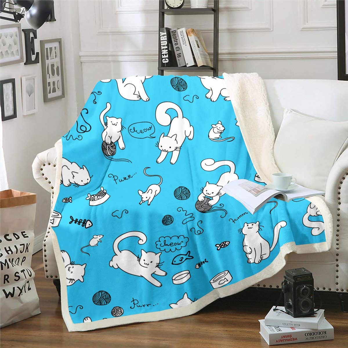 Loussiesd Cute Cat Sherpa Blanket Pet Cats Pattern Fleece Blanket Cartoon Kitten Print Throw Blanket for Couch Bed Sofa Blue White Animal Theme Fuzzy Blanket Ultra Soft Room Decor Double 60"x79"