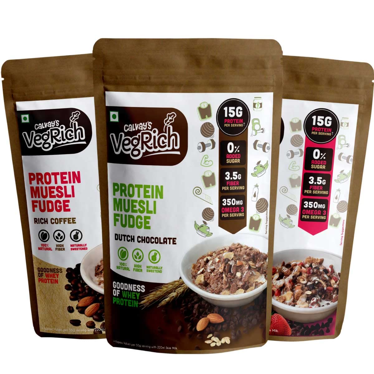 Calvays VegRich Protein Muesli Assorted (1x Dutch Chocolate + 1 x Rich Coffee + 1 x ChocoBerry) | 15g Whey Protein Muesli | Sweetened with Dates & zero added Sugar | Low Carb Breakfast high in fiber and omega3 (B07M96NJS7) Amazon Price History, Amazon Price Tracker