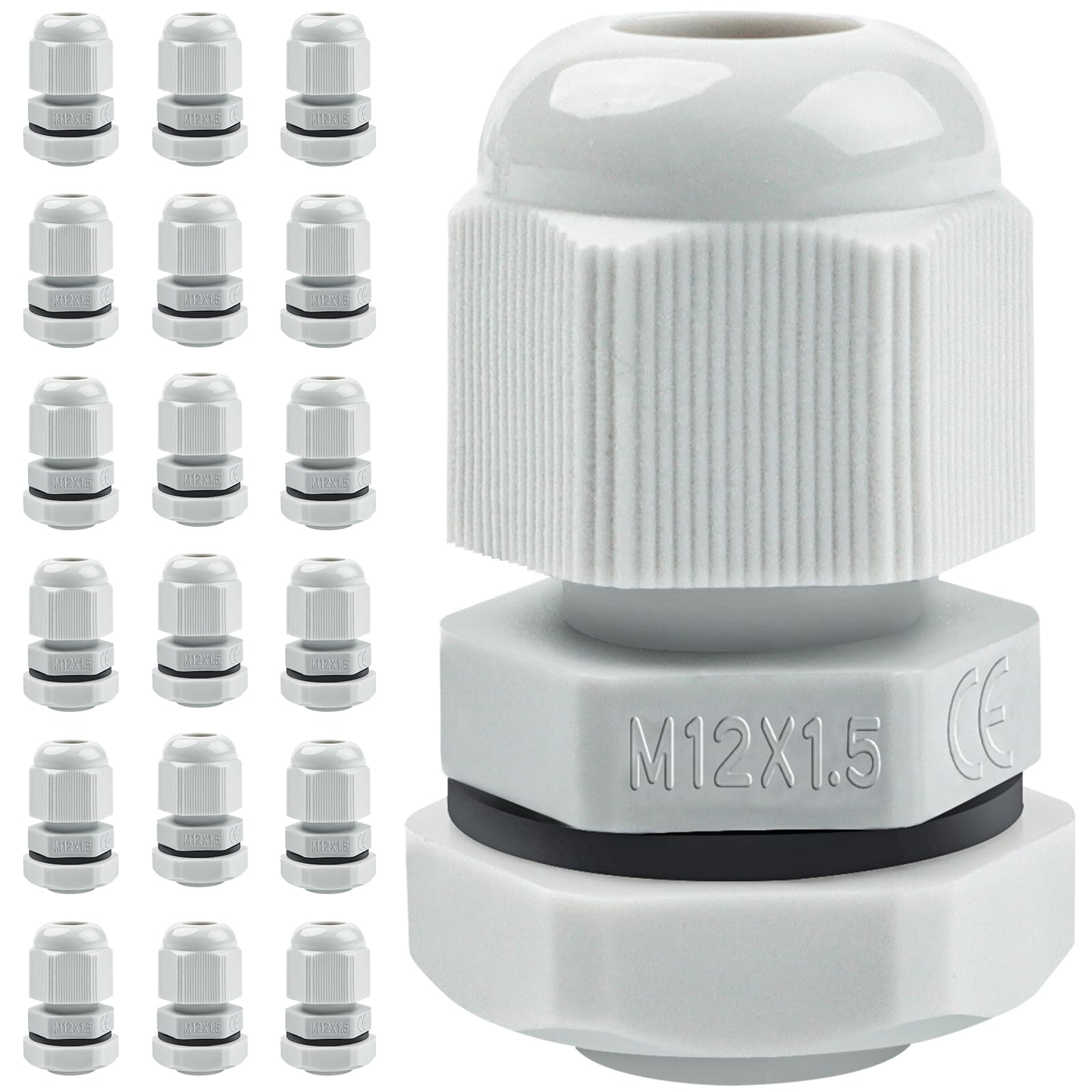 20 Pack M12 Cable Glands - Caianwin M12 IP68 Waterproof Conduit Fittings Flush Mounting for Electrical Boxes and Wall-Mounted Distribution Boxes