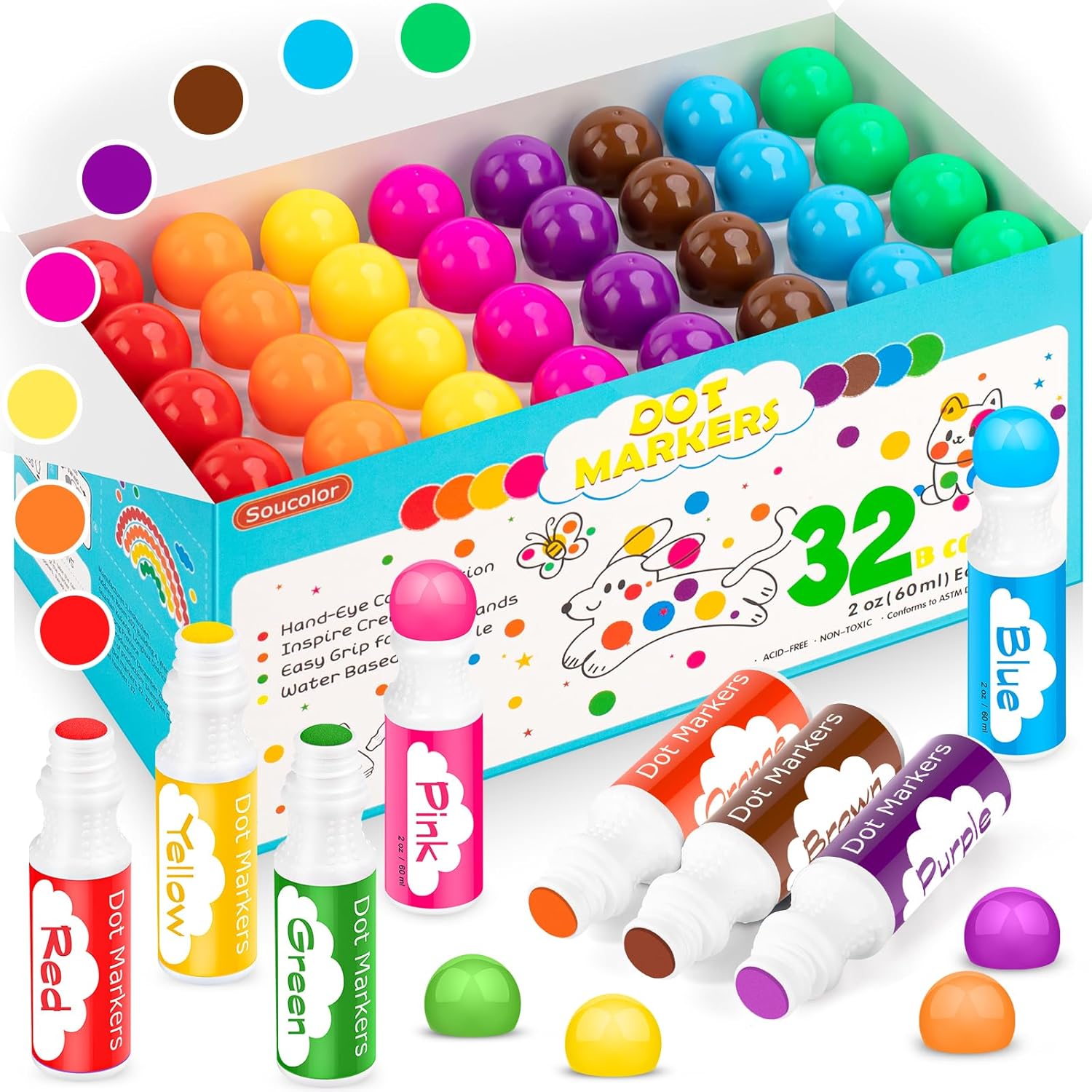 Soucolor 32-Pack Washable Dot Markers for Kids & Toddlers | 8 Vibrant Colors | Non-Toxic Bingo Daubers | Preschool Arts & Crafts, Classroom Supplies | Paint Dabbers for Endless Creative Fun