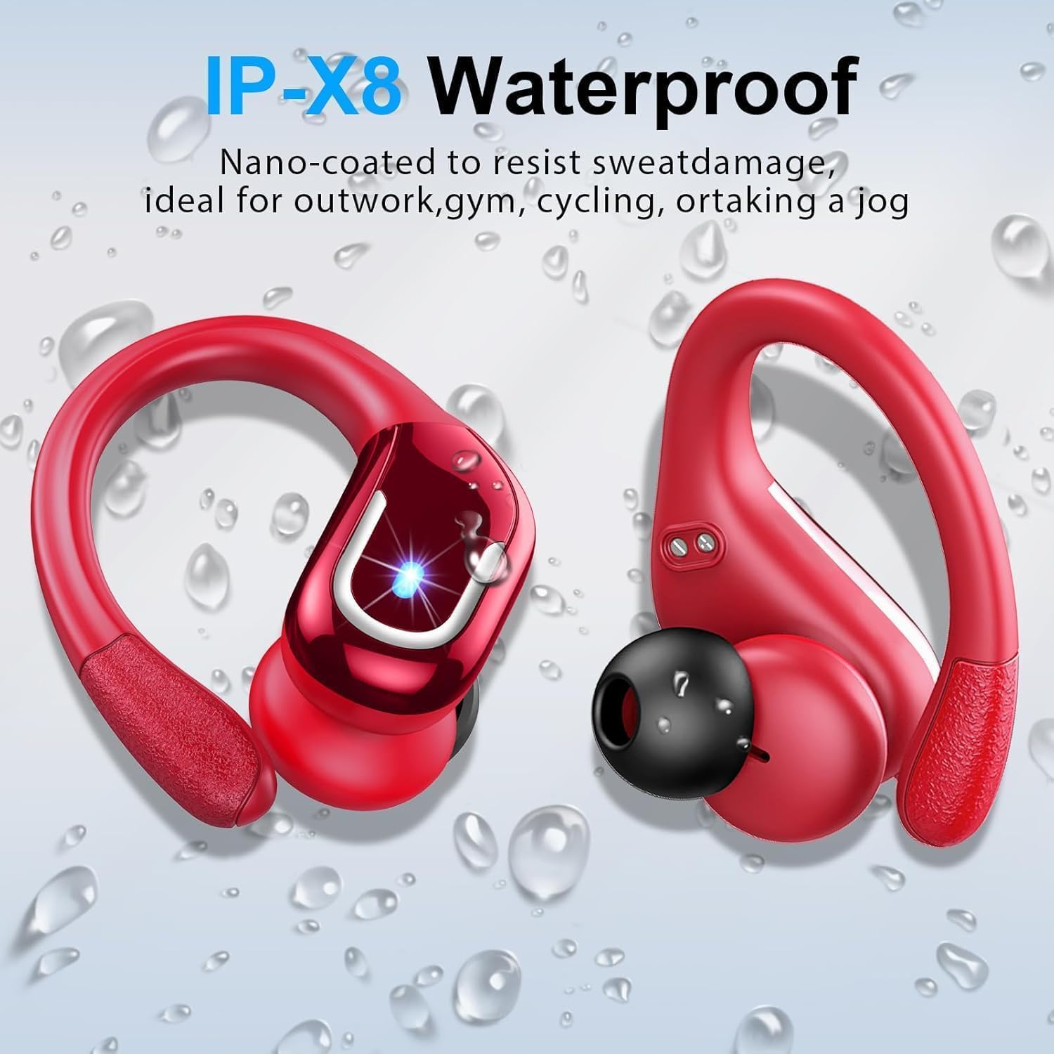 Wireless Earbuds, Sports Bluetooth 5.4 Headphones IPX8 Waterproof, 70H Over Ear Buds with Deep Bass Sound,4 ENC Noise Cancelling Mics, USB-C Fast Charging Earphones with Earhooks for Workout/Running
