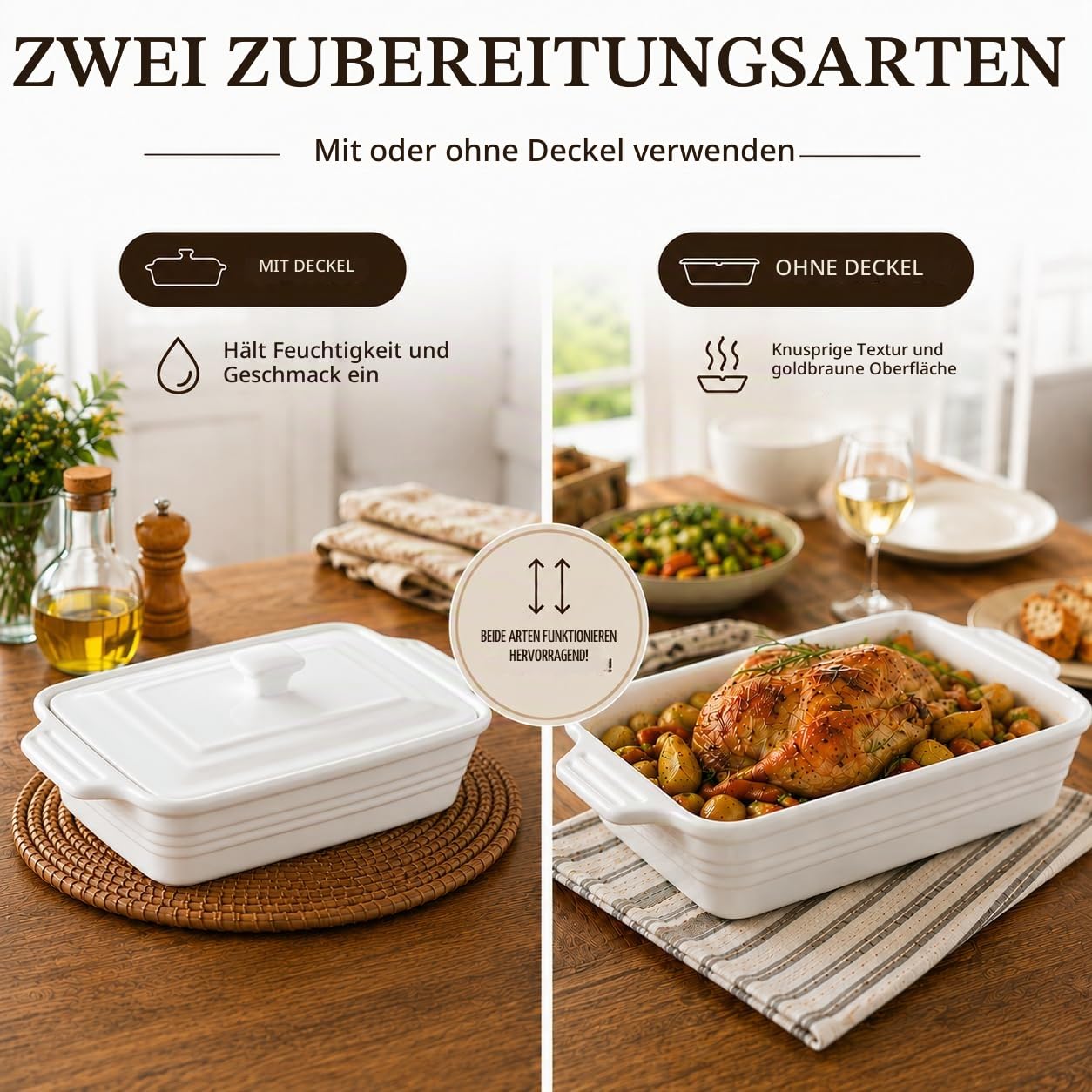 MALACASA Serie BAKE,Große Porzellan Auflaufform mit Deckel - 4100ML - Auflaufform für Brot, Lasagne, Pizza Kuchen-Mikrowelle, Backofen, spülmaschinenfest