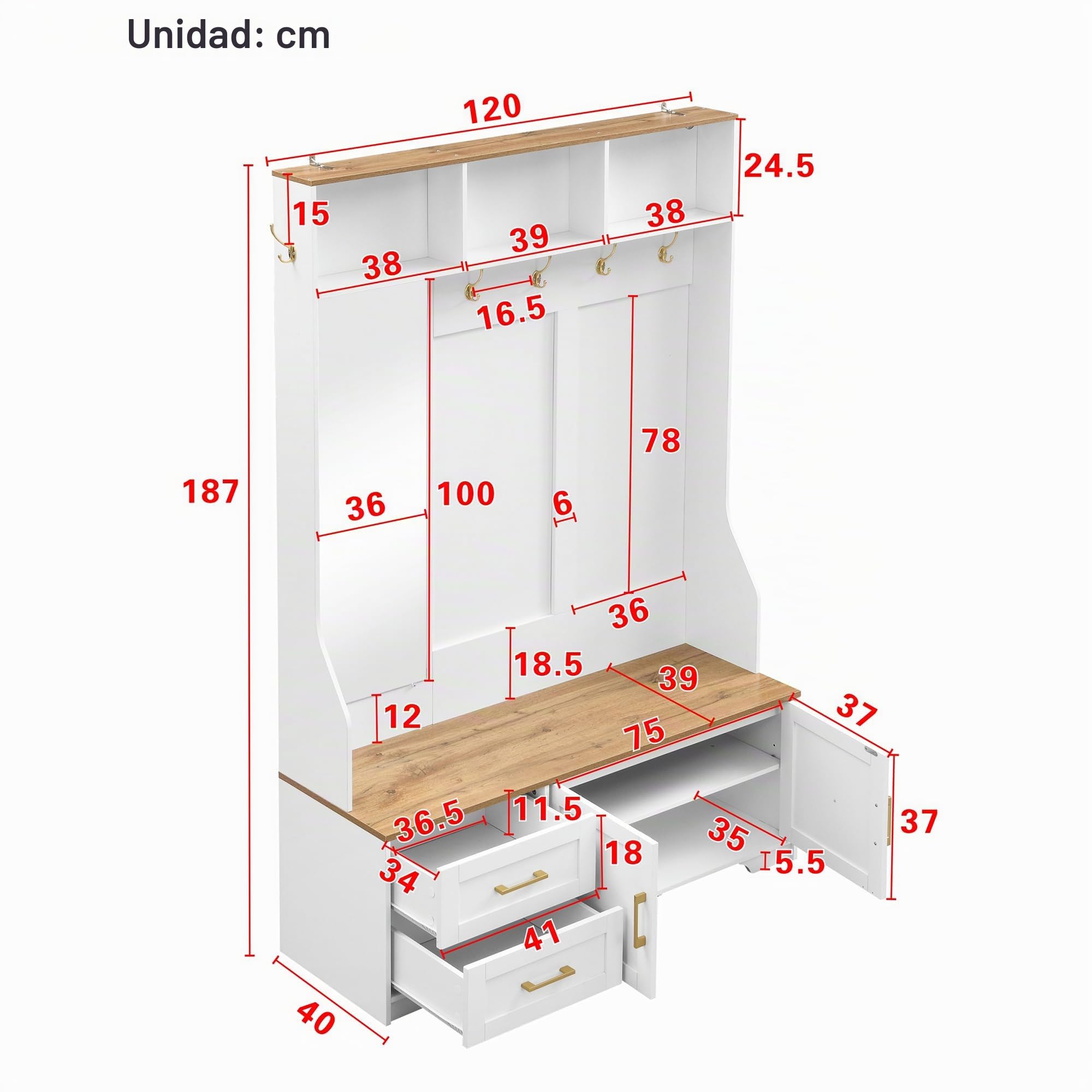 Kebnor Armario multifuncional para pasillo y zapatero con iluminación LED, espejo, ganchos y cajones, armario moderno para entrada y vestíbulo, con espacio de almacenamiento y asiento