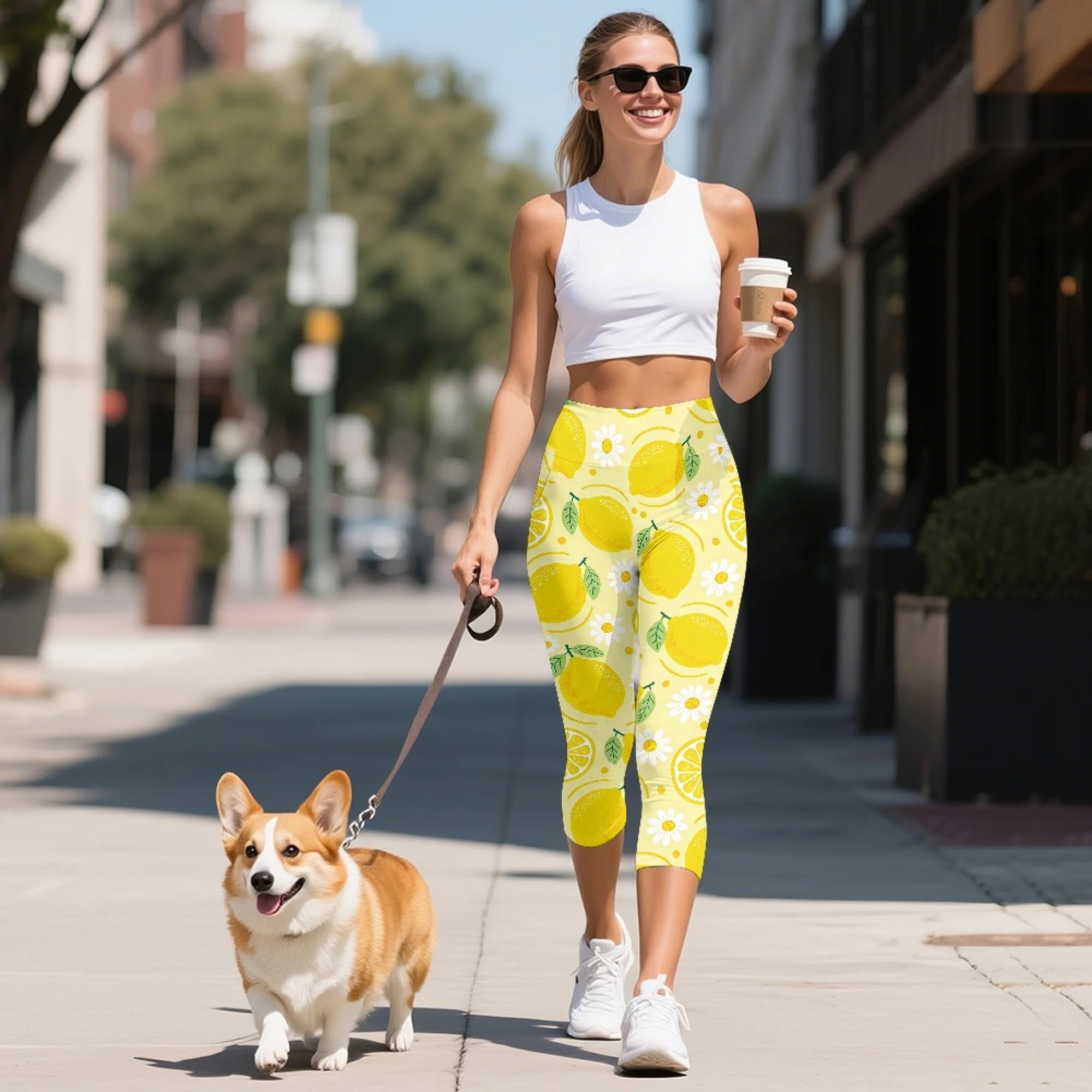 Amzbeauty Legging Capri 3/4 pour femme - Taille haute - Avec poches - Pour yoga, fitness, course à pied, entraînement, gym, Marguerite, XXL Slim Taille courte