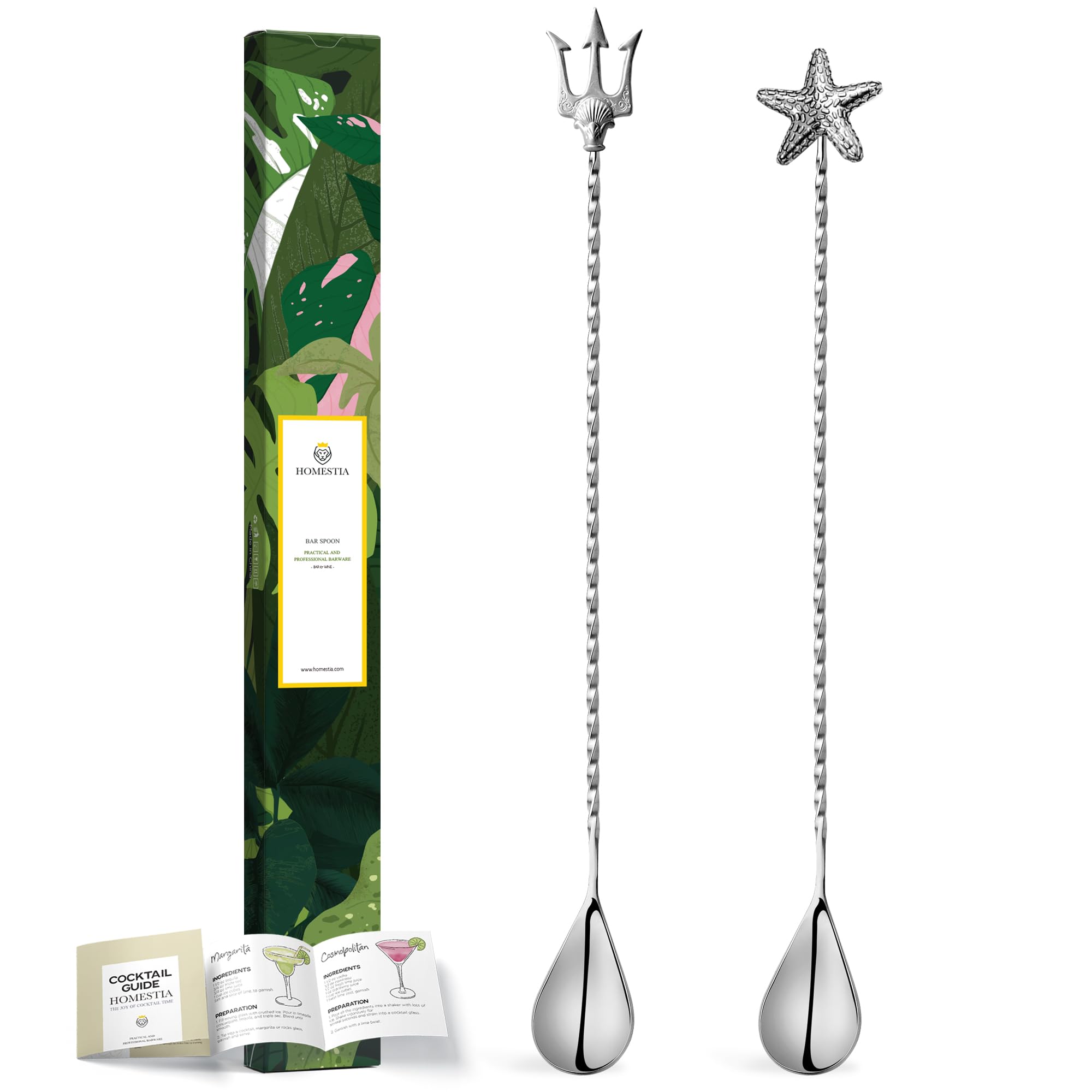 Homestia 2 Pack 12-Inch Stainless Steel Bar Cocktail Mixing Spoon - Long Handle Spiral Design with Starfish Trident End Mixing Stirrers for Bartenders Drink, Professional Home Bar Mixing