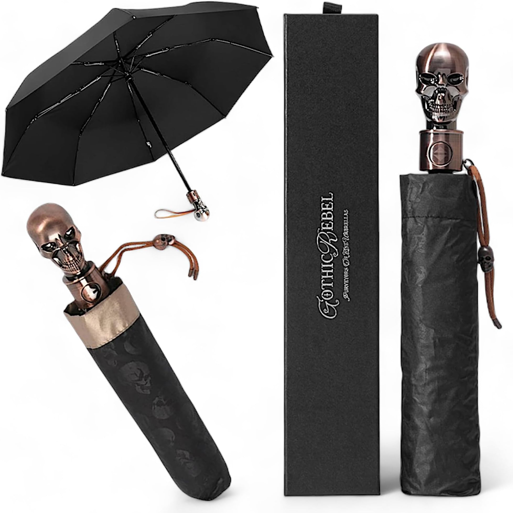 Gothic RebelSkull Travel Umbrella with Presentation Box - Automatic Open and Close - Skull Handle And Skull Printed Canopy