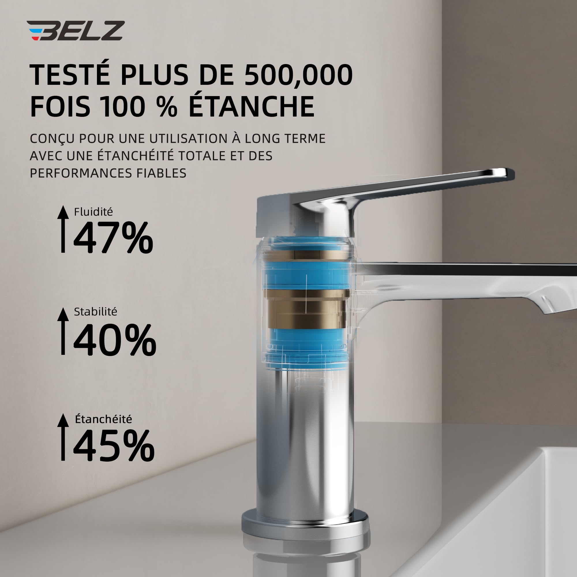BELZ Robinet Mitigeur Lavabo Chromé Monocommande Économie d'Eau Anti-Goutte | Cartouche Céramique Anti-Goutte Économie d'Eau Laiton Massif Sans Plomb Montage Facile Finition Chromée Antirouille Durable