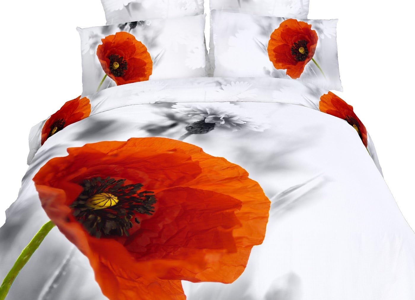 Dolce Mela DM493Q 6-Piece Poppies Bedding Duvet Cover Set, Queen, Floral, Off-White