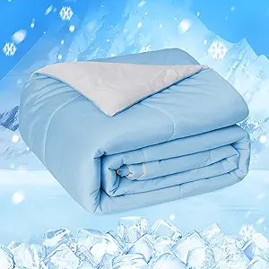 HOMFINE Cooling Comforter Japanese Double-Sided Cold Tech Fabric Cooling Blanket for Night Sweats Hot Sleepers, Q-Max 0.45 Soft Breathable Silky Smooth Lightweight, Blue Summer Comforter Twin