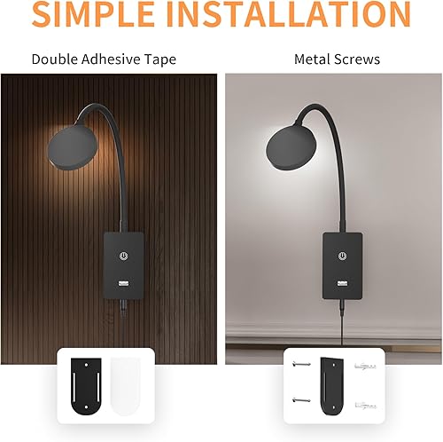 Miniatura 5 de Luz de lectura LED de montaje en pared, lámpara de montaje en pared para interiores, lámpara negra de control táctil con salida USB de 5 V 2 A,