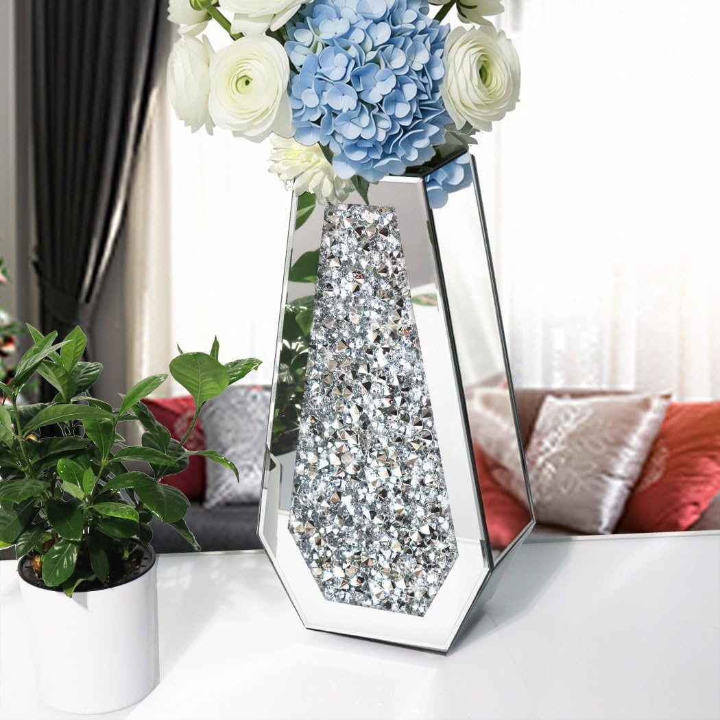 Flower Vase Crushed Diamond Mirrored Vase Crystal Silver Glass Decorative Mirror Vase Large Size Luxury for Home Decor. Diamond Shape Thickened. Can’t Hold Water. - Image 4