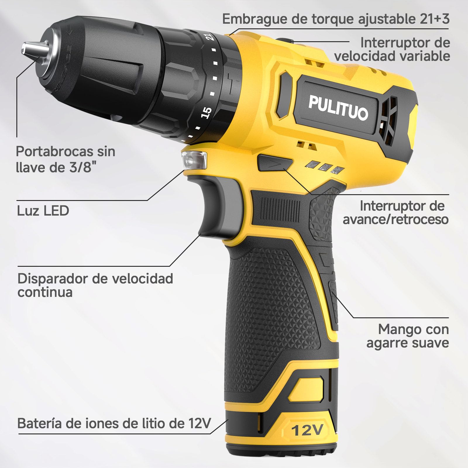 PULITUO Taladro Atornillador Batería 12V, Destornillador Eléctrico 35 N·m, 21+1+1 Niveles De Par, Batería De 1300 mAh, LED, Regulación De 2 Velocidades, Para Bricolaje Y Proyectos DIY (Amarillo)