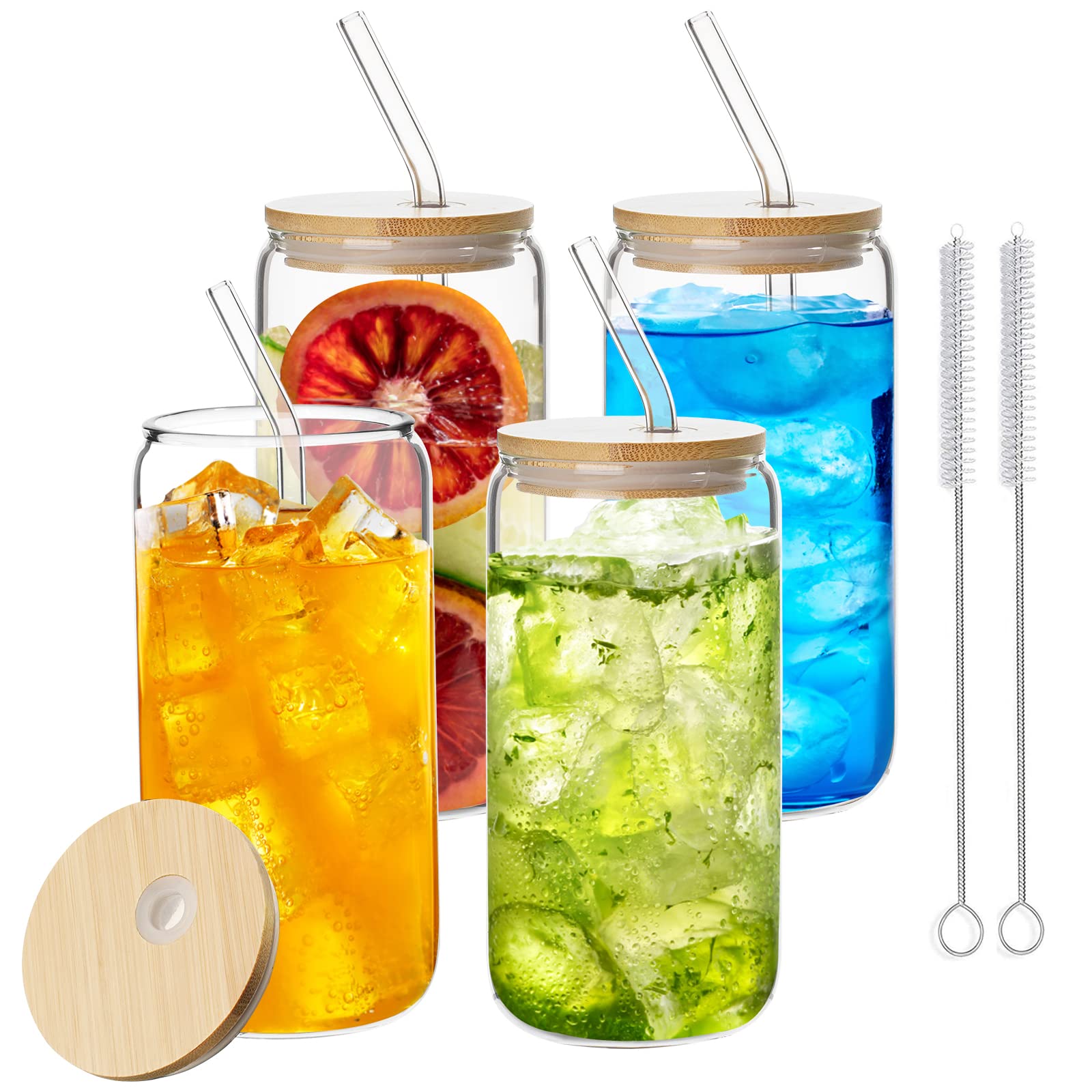 Lot de 4 bocaux en verre - 350 ml - Avec couvercle et paille - Verres