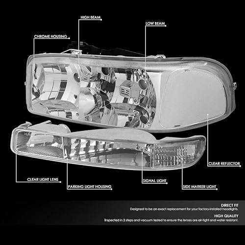 Miniatura 2 de DNA MOTORING HL-OH-SIE994P-CH-CL1 - Faros delanteros de esquina transparente con carcasa cromada compatibles con Sierra 99-07  00-06 Yukon XL 1500