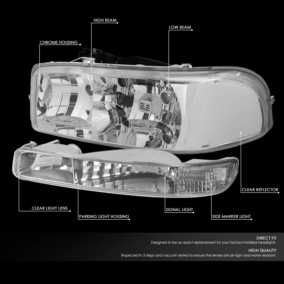 Auto Dynasty Headlights Assembly Compatible with 1999-2007 GMC Sierra Yukon 1500 2500 3500, Driver and Passenger Side Halogen Headlamps Replacement w/Bumper Lamps, Chrome Housing Clear Reflector