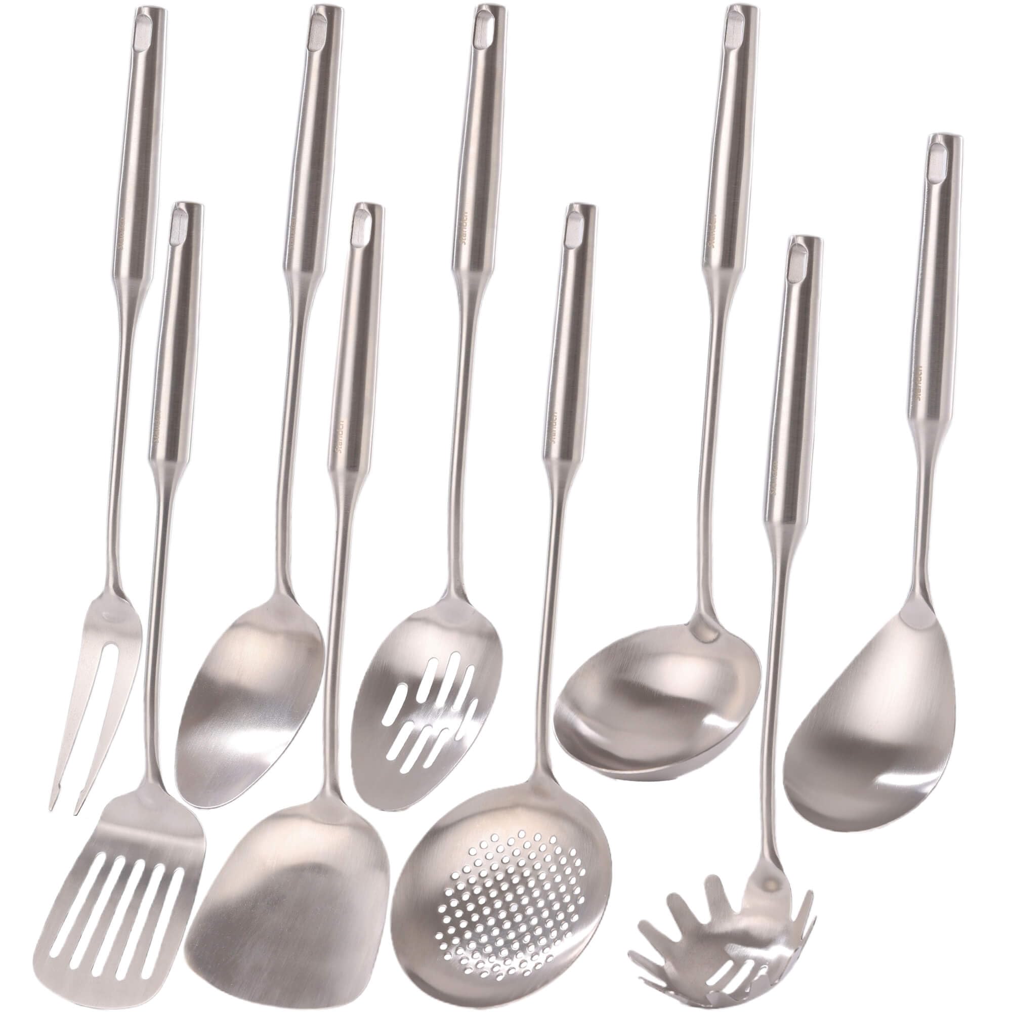 Standcn Küchenutensilien-Set aus 304 Edelstahl, 9-teiliges Metall-Kochwerkzeug-Set mit Fleischgabel, massivem Löffel, Schlitzlöffel, Spatel, Schöpflöffel, Schaumlöffel, Spaghettiheber, großer Löffel