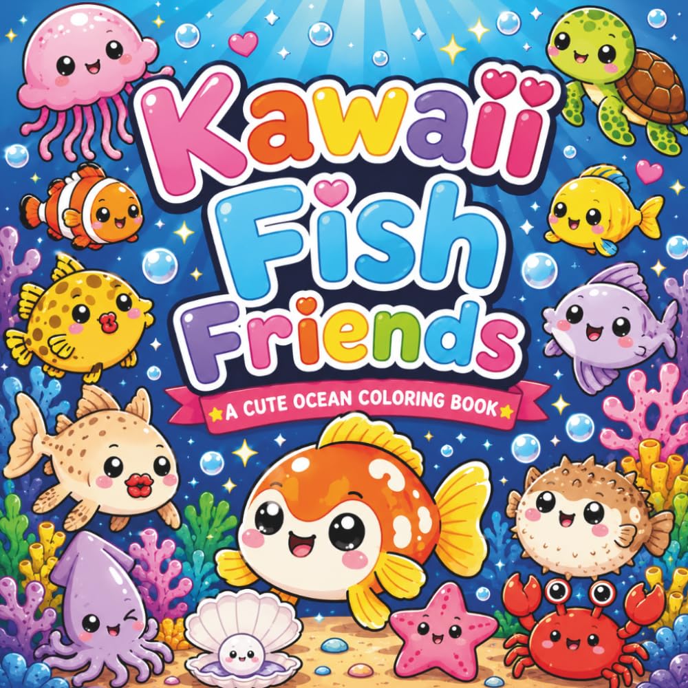 Kawaii Fish Friends Bold and Easy coloring: From smiling jellyfish and fluffy pufferfish to quirky frogfish, sea bunnies, pyjama squids, and magical ... to bring joy and creativity to your day.