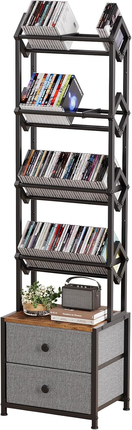 CD Storage Rack with Drawers, 5-Tier Media Organizer DVD Storage Shelf, Large Capacity for CD/DVD, Books & Games, Ideal for Living Room & Home Office, 15.7×11.8×58.7Inches CD Storage Rack with Drawers, 5-Tier Media Organizer DVD Storage Shelf, Large Capacity for CD/DVD, Books & Games, Ideal for Living Room & Home Office, 15.7×11.8×58.7Inches