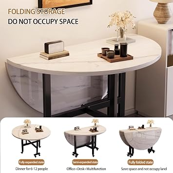 Home use Folding Dining Table with 6 Wheels, restaurant Drop Leaf kitchen tables,Round Portability fold down desk for Small Space, Dining Room Home Office(Brown,100cm)