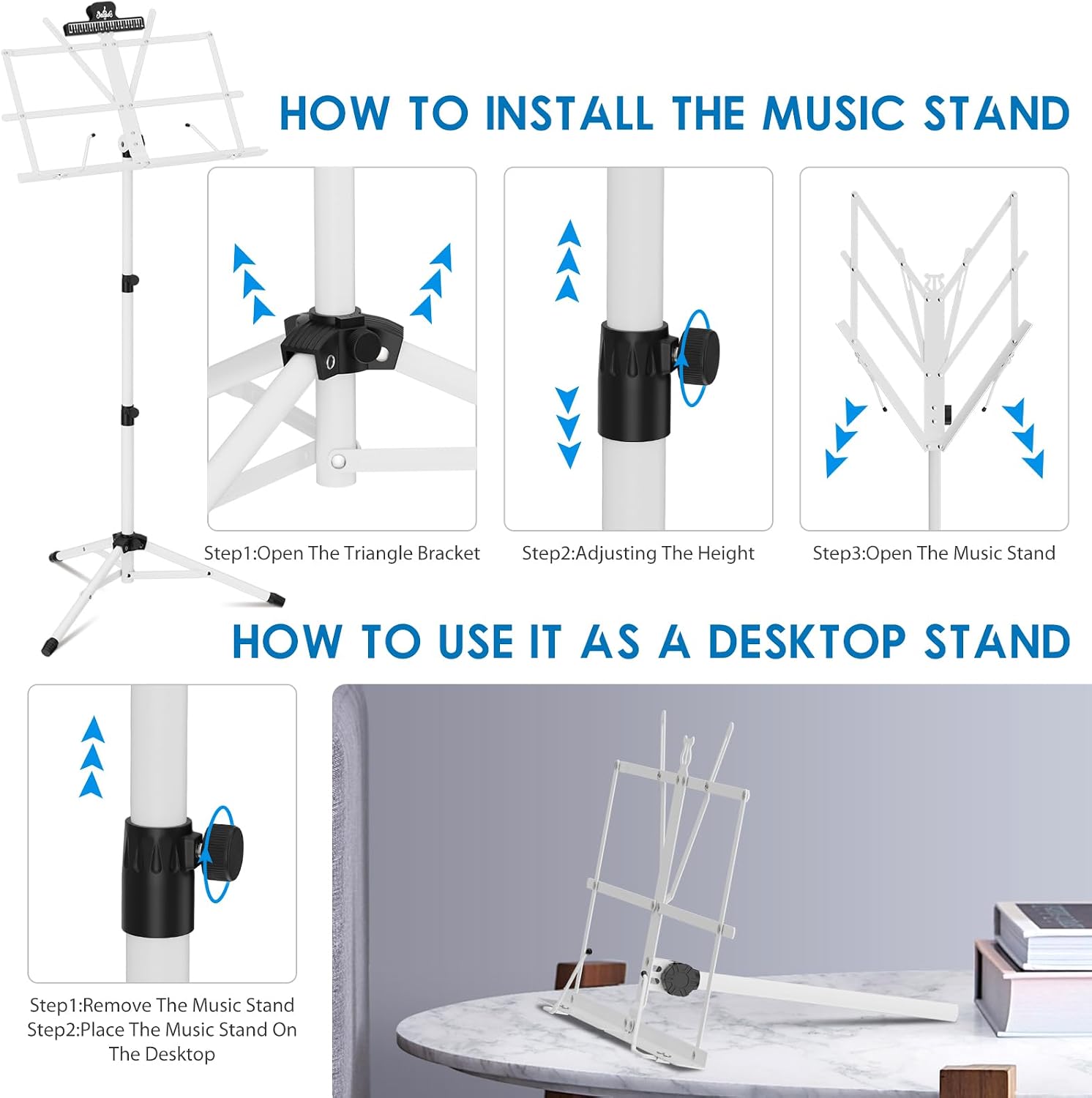 Music Stand, Kasonic 2 in 1 Dual-Use Folding Sheet Music Stand & Desktop Book Stand, Portable and Lightweight with Music Sheet Clip Holder & Carrying Bag Suitable for Instrumental Performance (White)